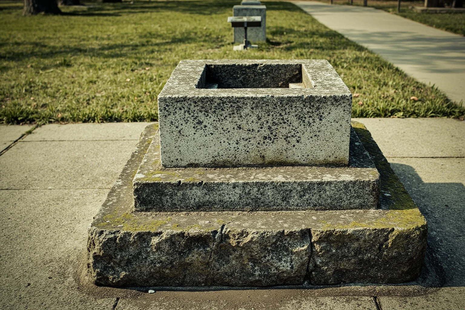 21 Beloved Historical Figures Who Are Controversial Today 10 A weathered stone monument pedestal standing empty in a park, symbolic of a removed historical statue, editorial photo-style illustration