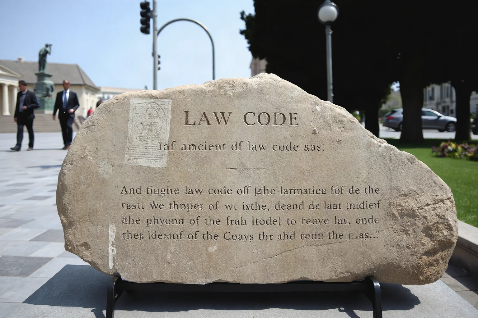 A weathered stone slab carved with an ancient law code, displayed in a public square