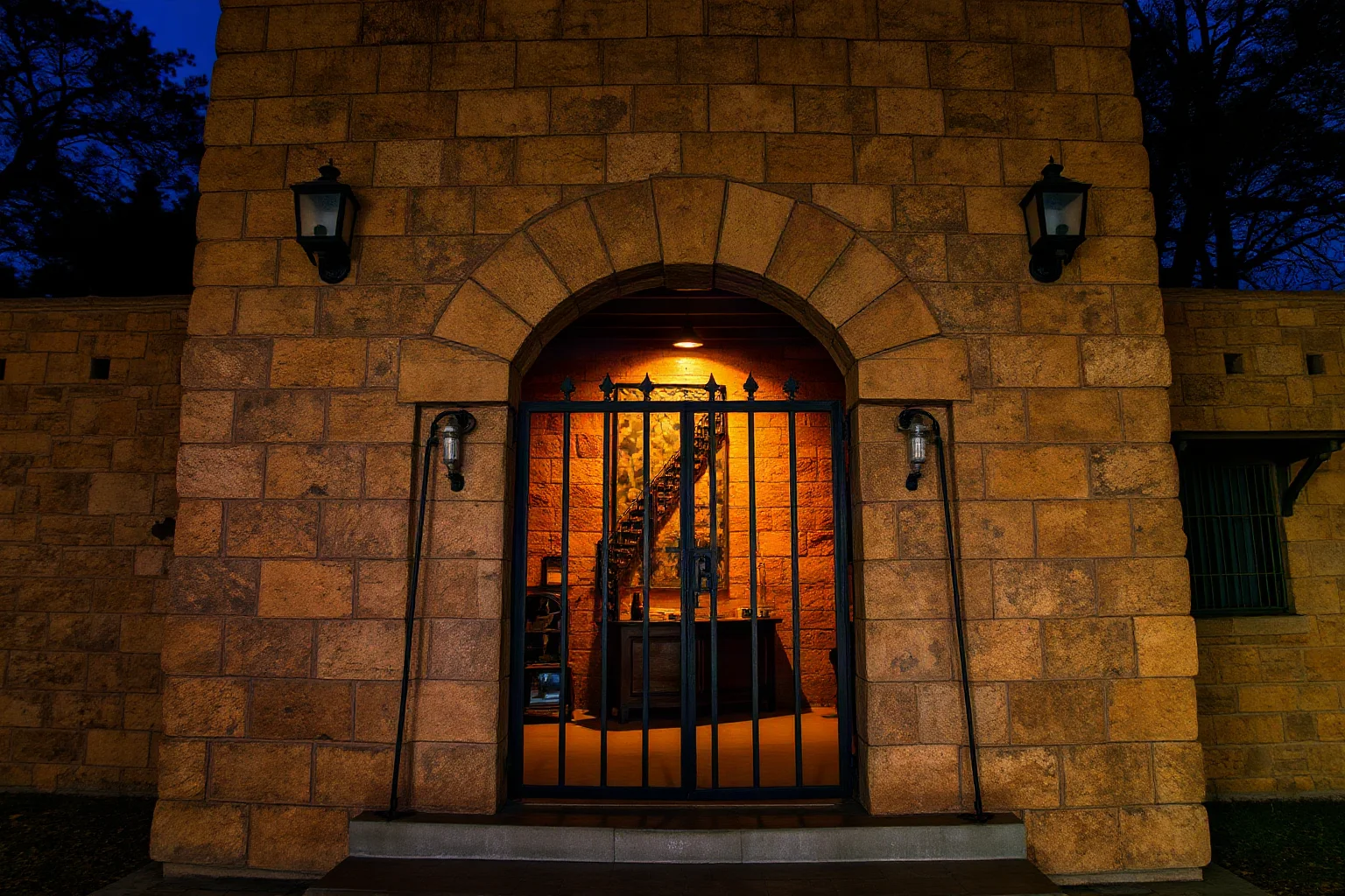 A weathered stone tower entrance with iron bars, evoking a historic animal display structure, dramatic lighting