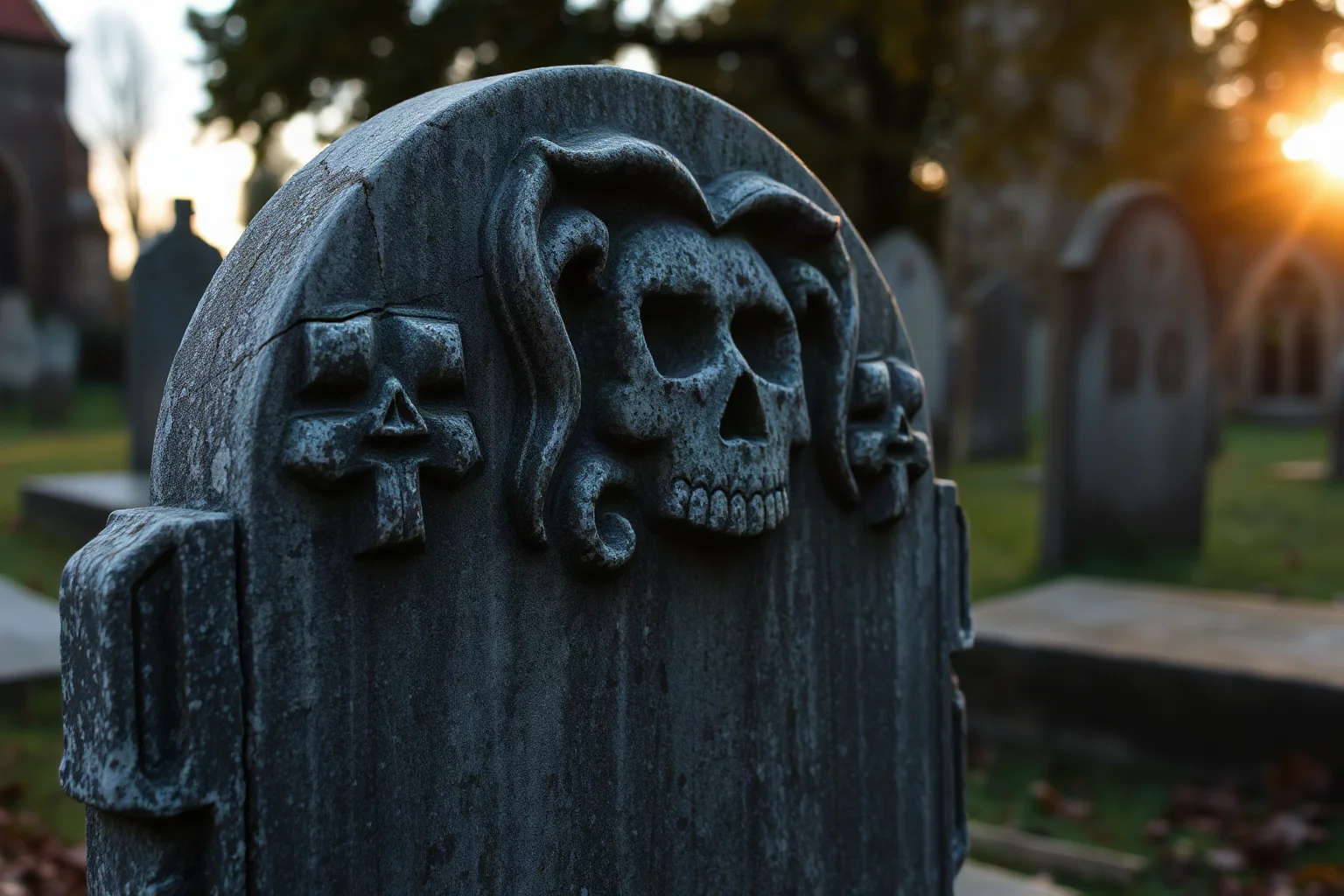 A weathered tombstone with a carved skull motif in an old English churchyard at dawn