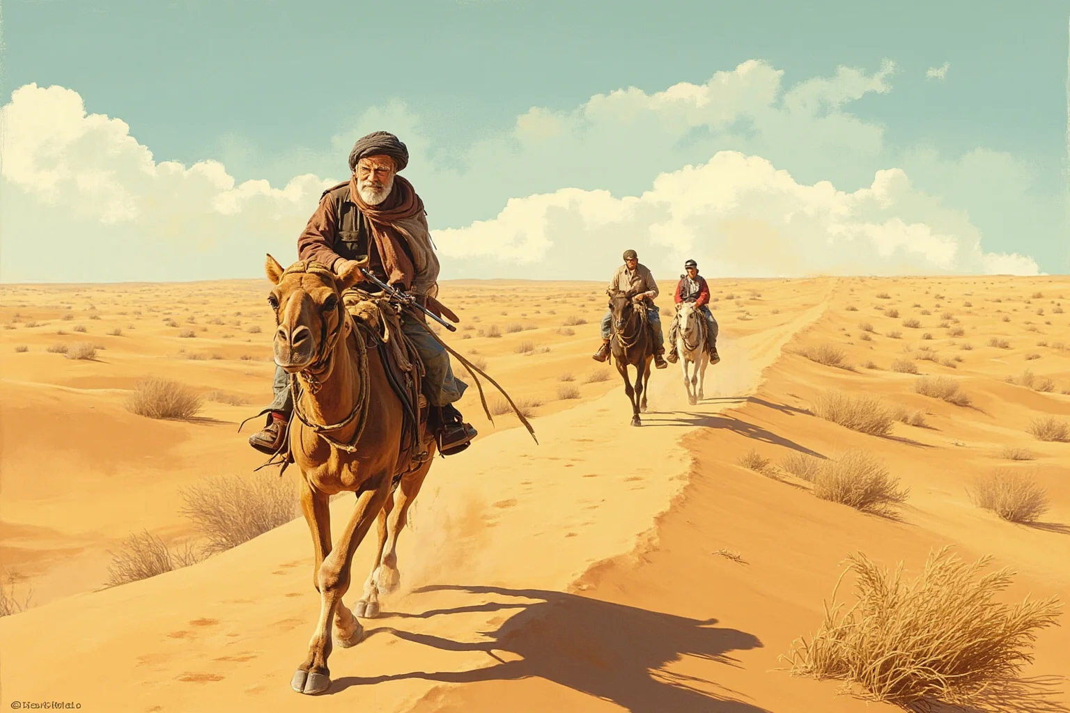 Longest Journeys Ever Undertaken On Foot 3 A weathered traveler on a camel-and-foot caravan route through a Middle Eastern desert landscape, warm historical illustration style