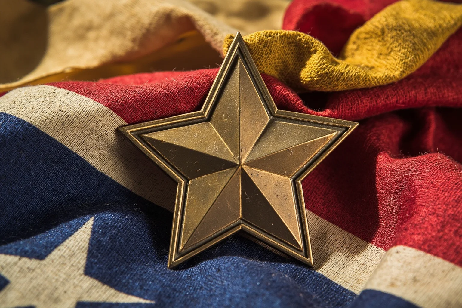 Highest Military Decorations: 20 Rare and Obsolete Medals You'll Never See Again 9 A weathered, unissued bronze medal with a five-pointed star design resting on a folded historical fabric flag, suggesting an award never fully delivered