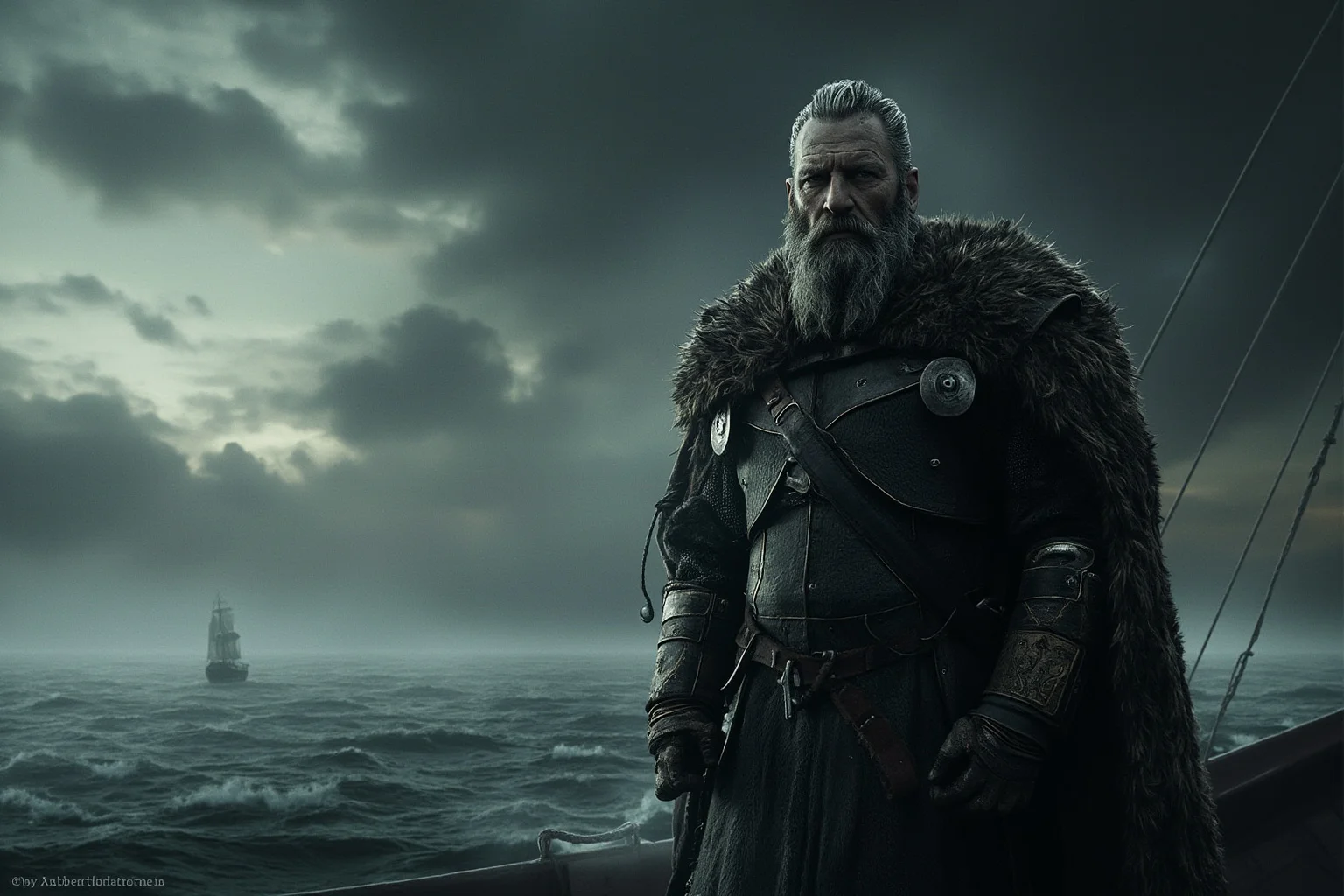 From Thor to Loki: 20 Gods, Goddesses, and Heroes of Norse Mythology 21 A weathered Viking king in fur and armor standing on the deck of a longship at sea, dramatic stormy sky, historical fantasy illustration