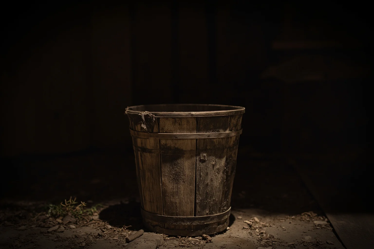 A weathered wooden bucket standing in a rustic old barn, symbolic illustration for the 'kick the bucket' idiom, moody vintage lighting