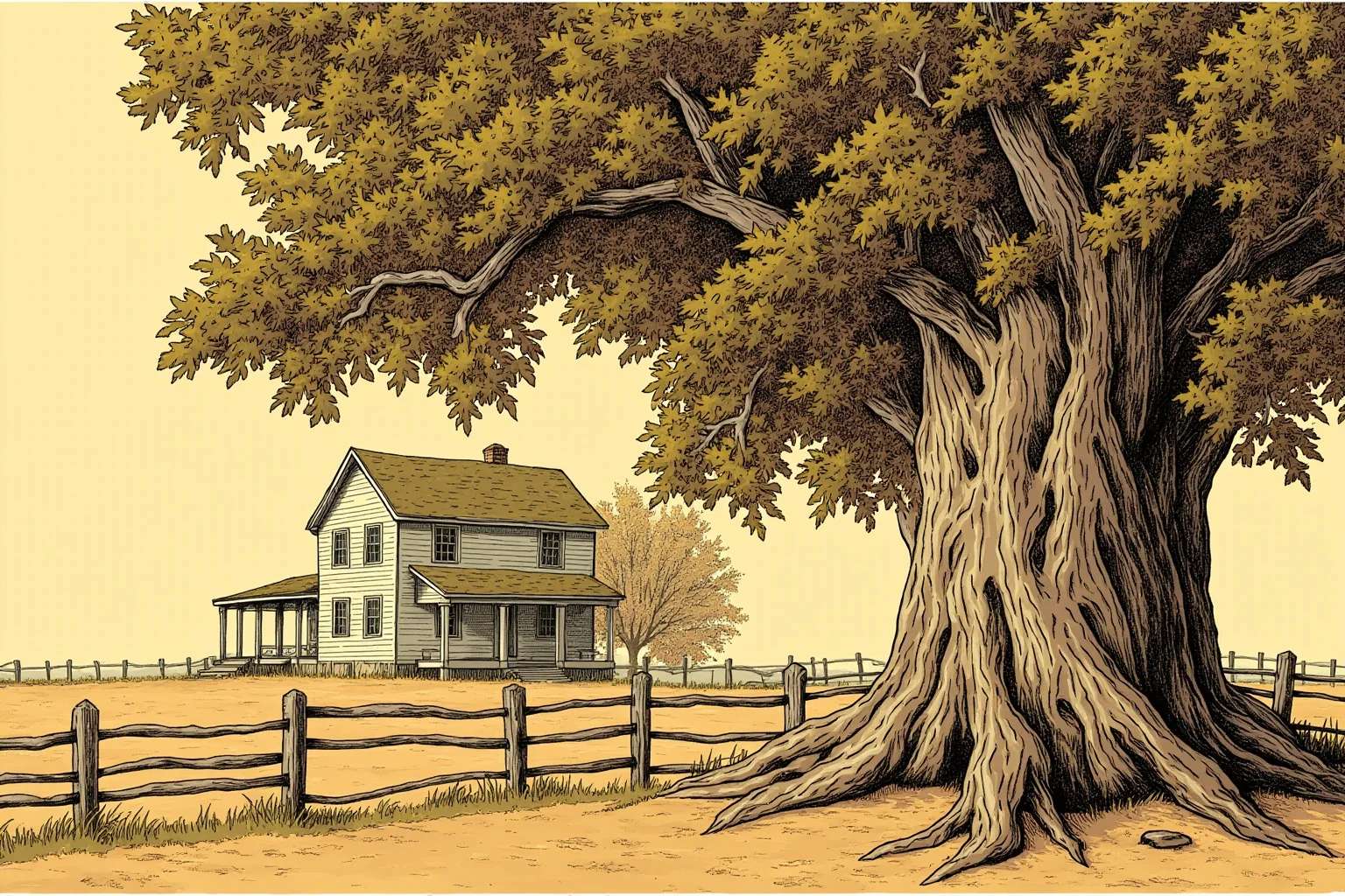 20 Famous Historical Quotes That Were Taken Out of Context 3 A weathered wooden cherry tree beside a colonial-era farmhouse, warm vintage illustration style, symbolic of an American folk tale
