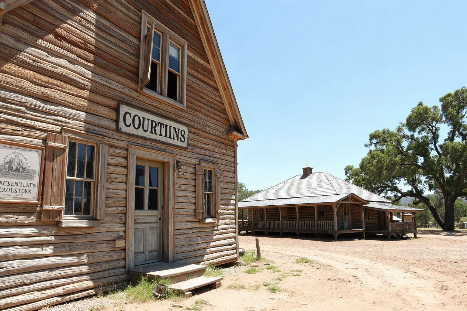 A weathered wooden courthouse and jail building in a small 1880s frontier settlement