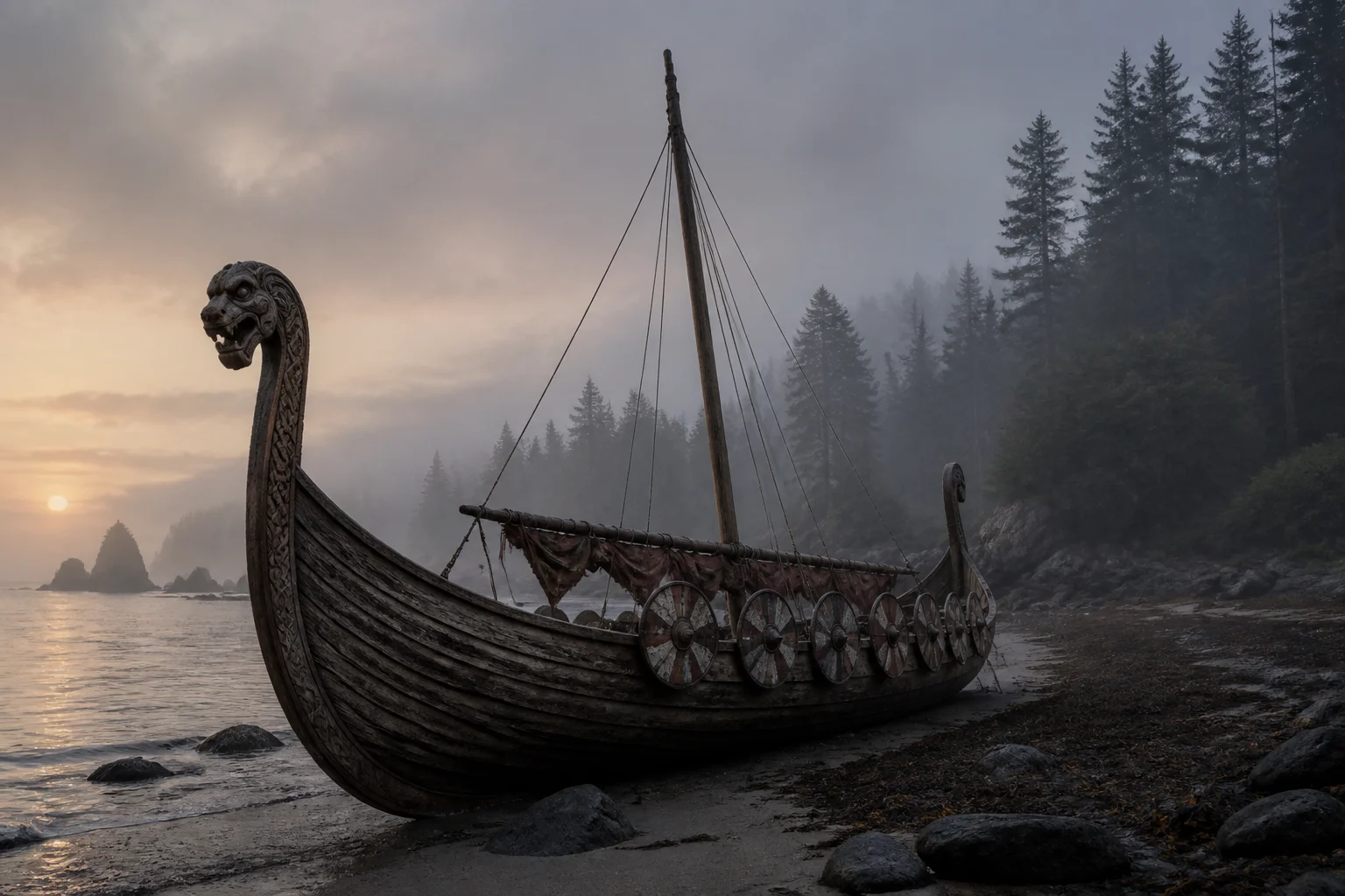 A weathered wooden Norse longship beached on a foggy North American coastline at dawn