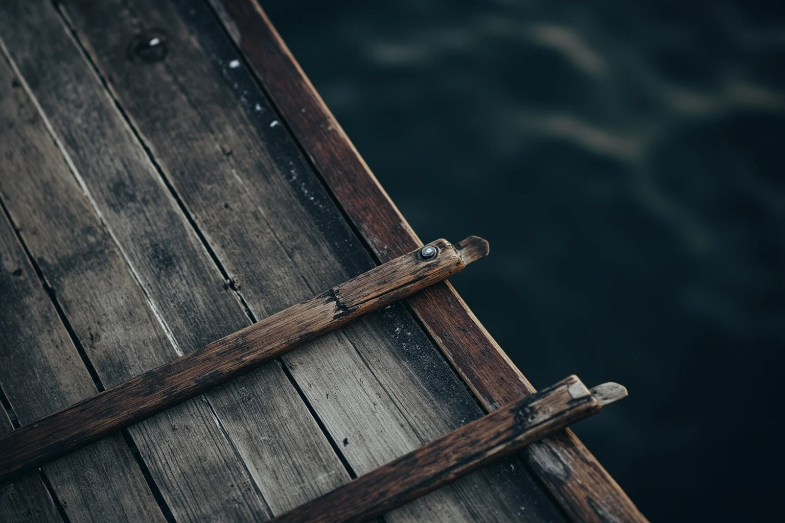 A weathered wooden plank extending off the side of an old sailing ship over dark ocean water