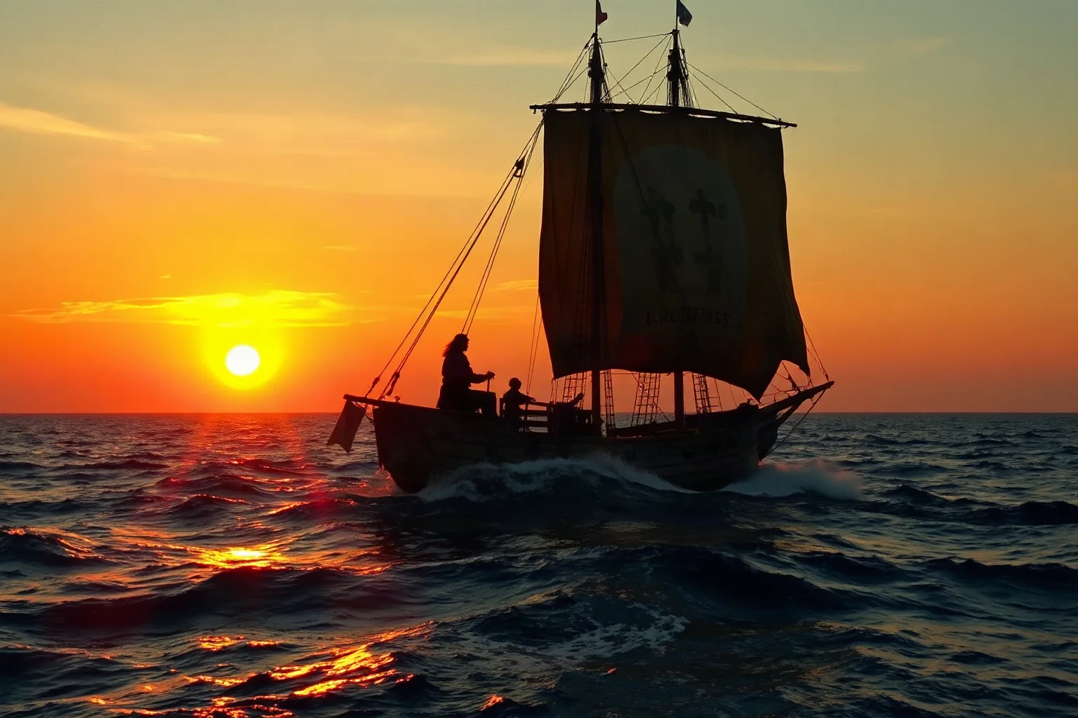 A weathered wooden sailing ship crossing the Atlantic Ocean at sunset, symbolizing 15th-century transatlantic exploration, painterly style, no people in close-up detail.