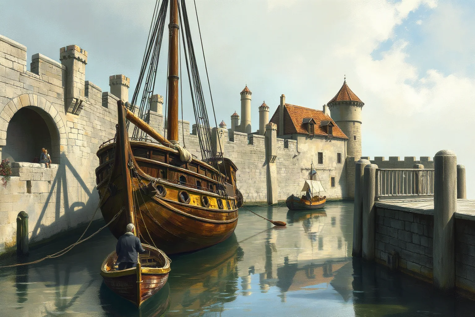 A weathered wooden sailing ship docking at a stone medieval harbor, painted in a historical illustration style