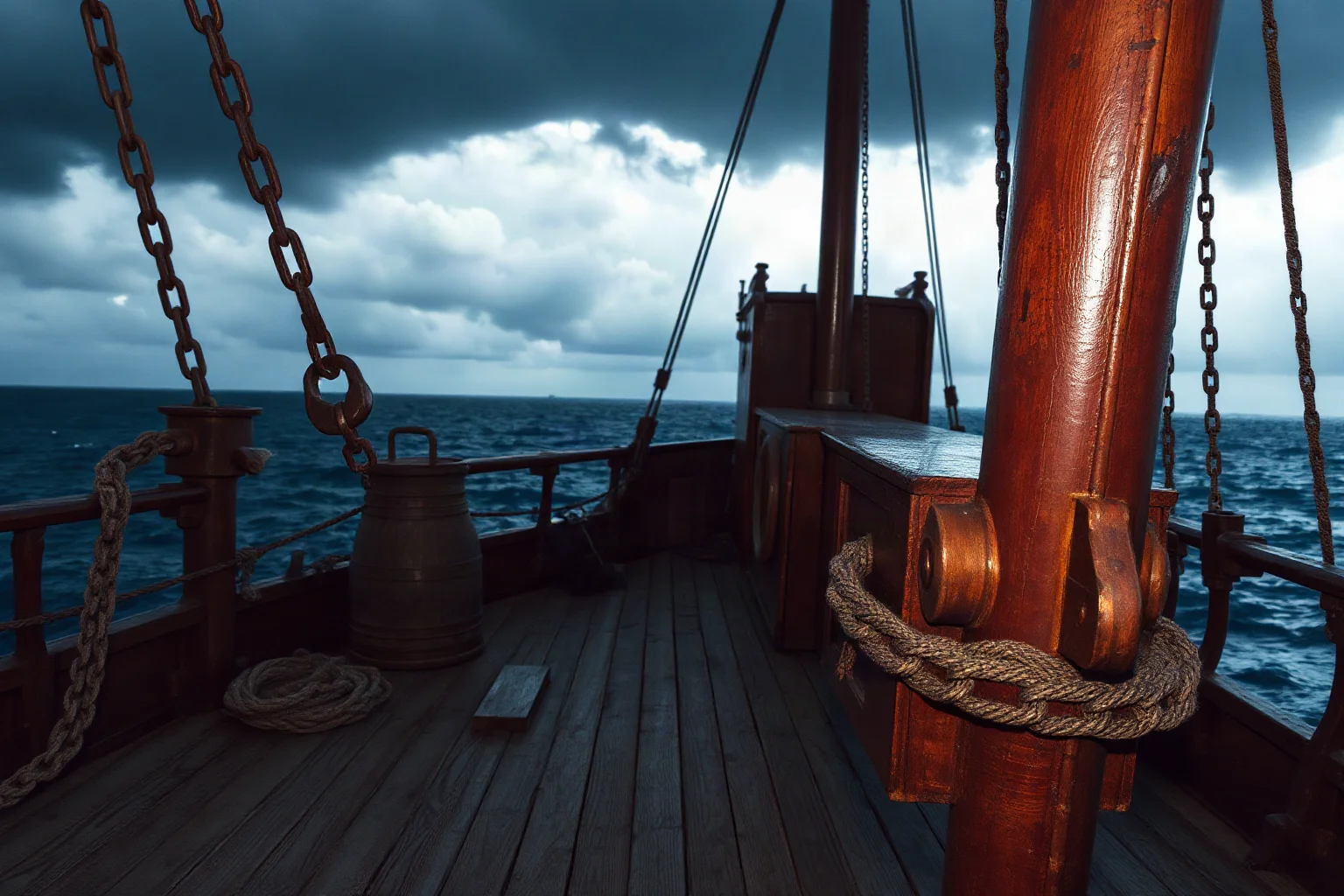 A weathered wooden ship deck at sea under stormy skies, chains and shackles visible, somber historical tone representing the transatlantic crossing