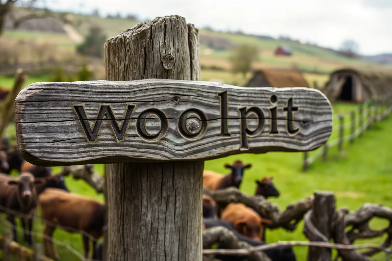 A weathered wooden signpost carved with the word Woolpit, rustic countryside background, illustrative style