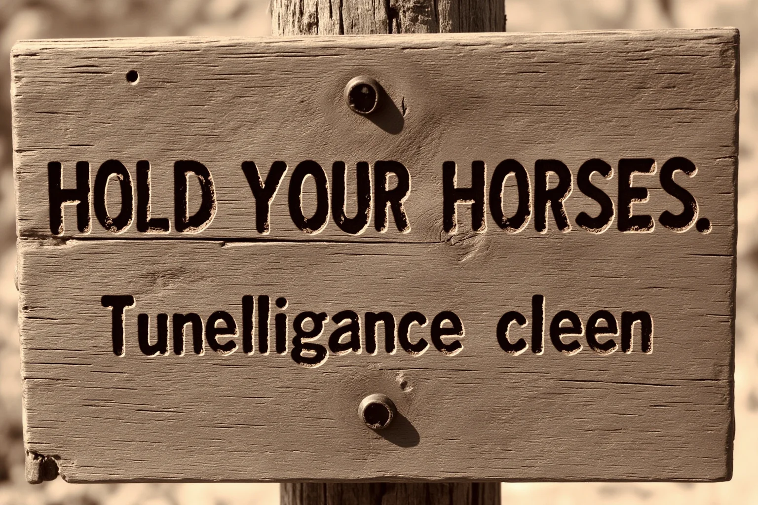A weathered wooden signpost with old western slang phrases carved into it, like 'hold your horses'