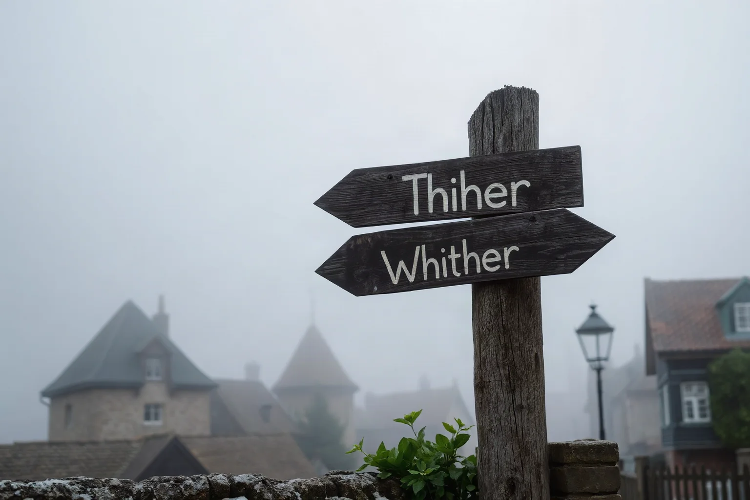 A weathered wooden signpost with three arrows pointing to 'Hither,' 'Thither,' and 'Whither' in a foggy medieval village