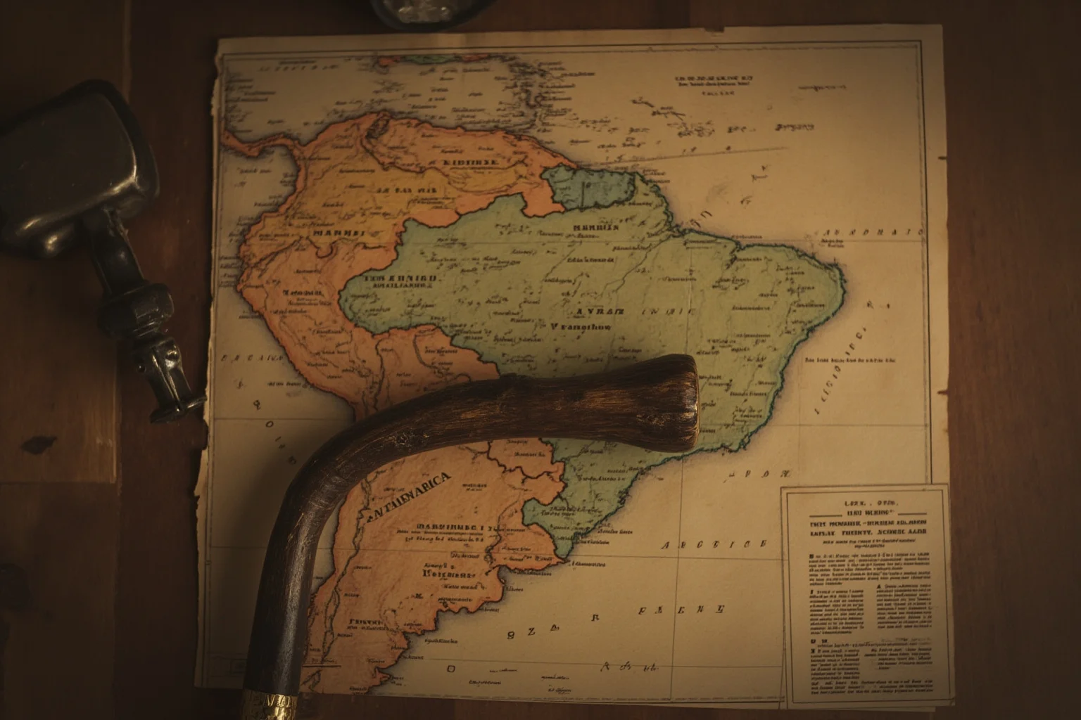 20 Famous Historical Quotes That Were Taken Out of Context 13 A weathered wooden walking stick leaning against a map of Latin America on an old desk, early 1900s diplomatic study aesthetic