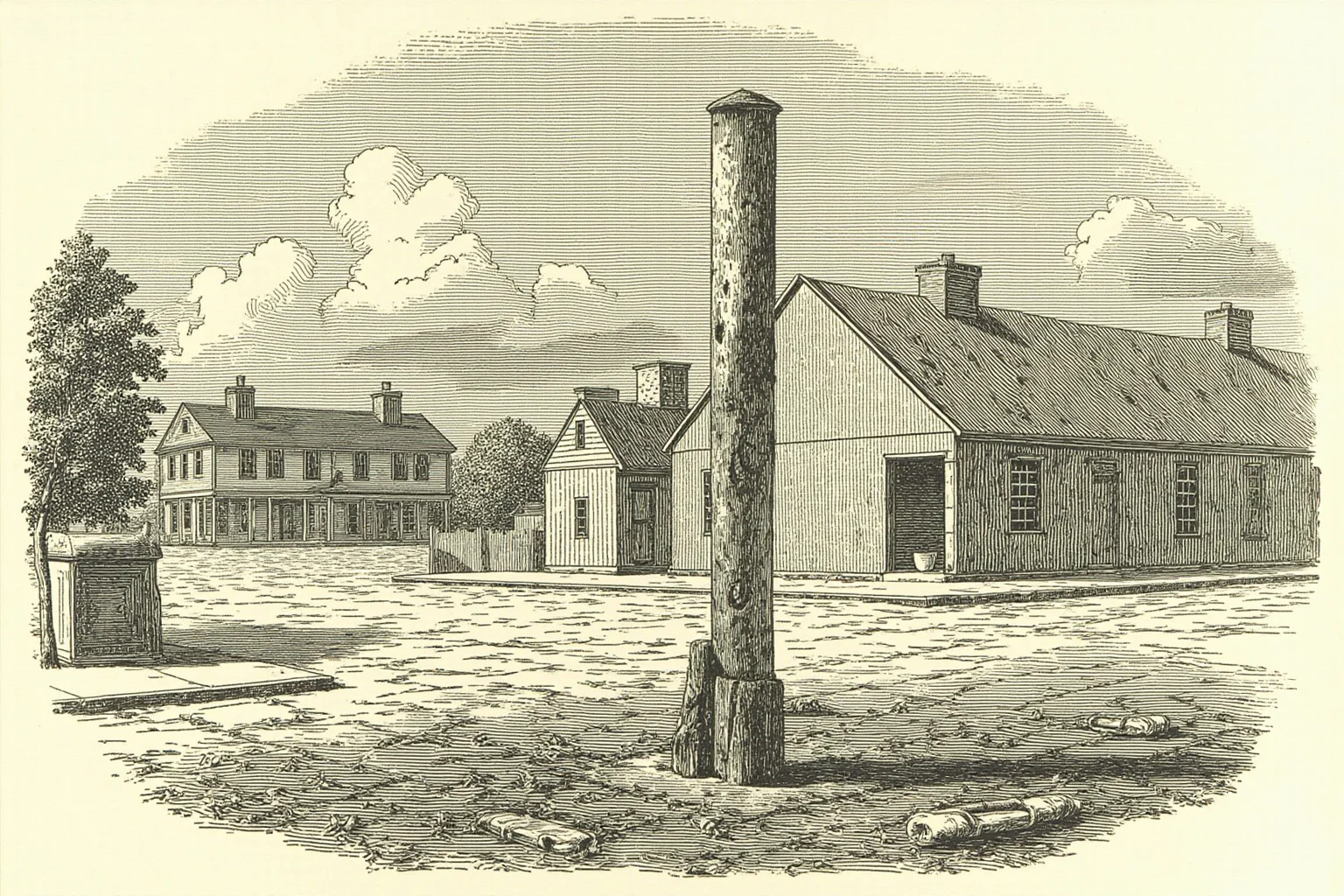 Brutal Forms of Public Humiliation Throughout History 6 A weathered wooden whipping post standing in an empty colonial-era town square, historical illustration
