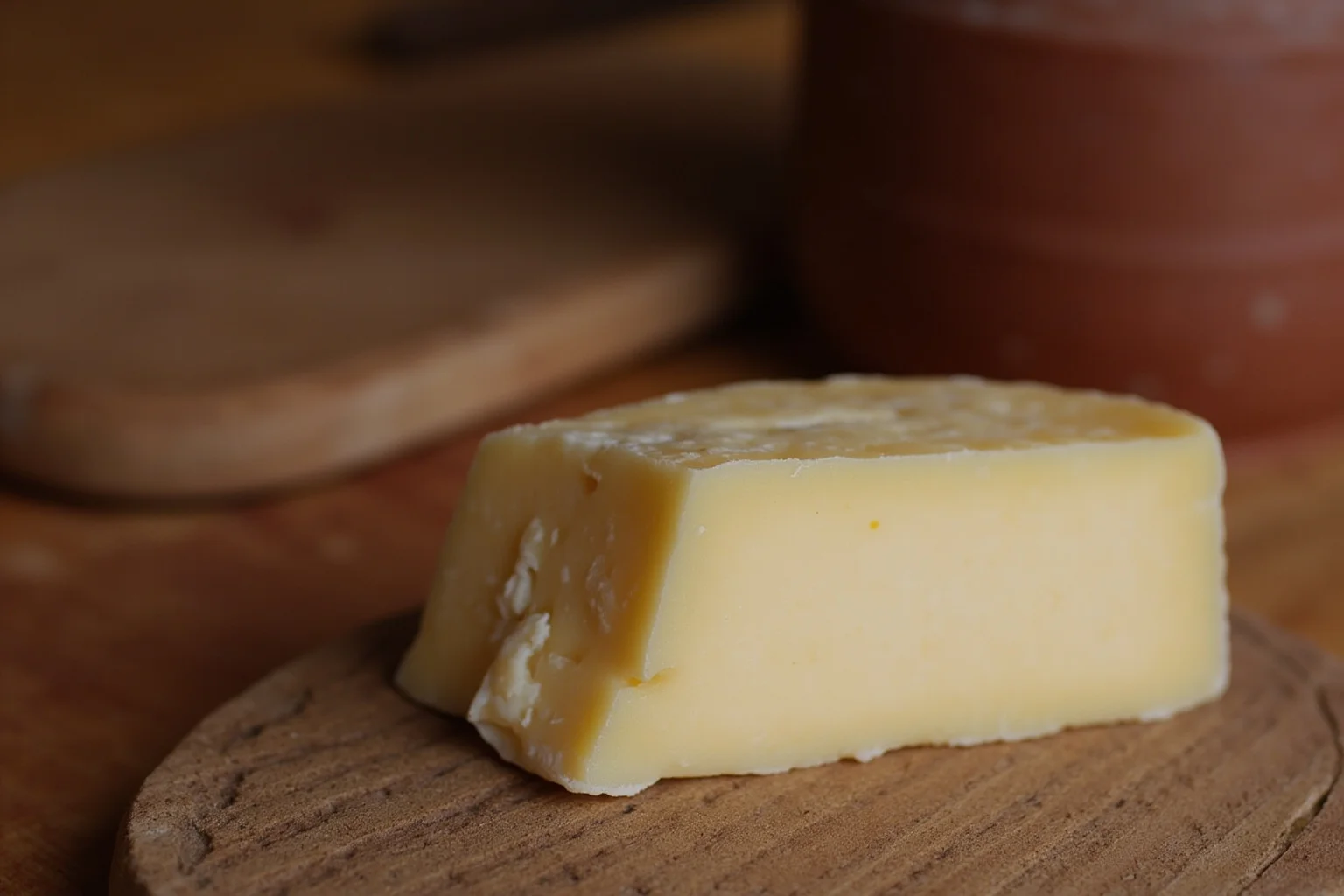 Ancient Greek Diet: 20 Foods Ancient Greeks Ate on a Daily Basis 7 A wedge of pale goat cheese on a wooden board next to a clay milking pail, rustic ancient Greek farm setting