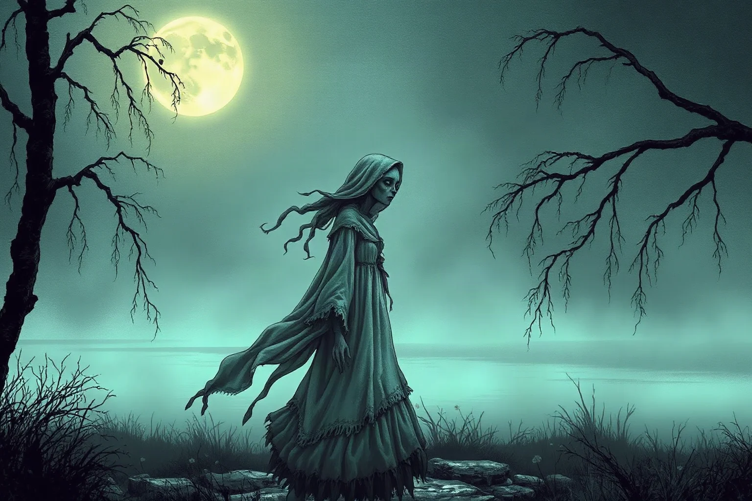 A weeping spectral woman in a tattered pale dress walking along a moonlit riverbank, misty atmosphere, folklore illustration style