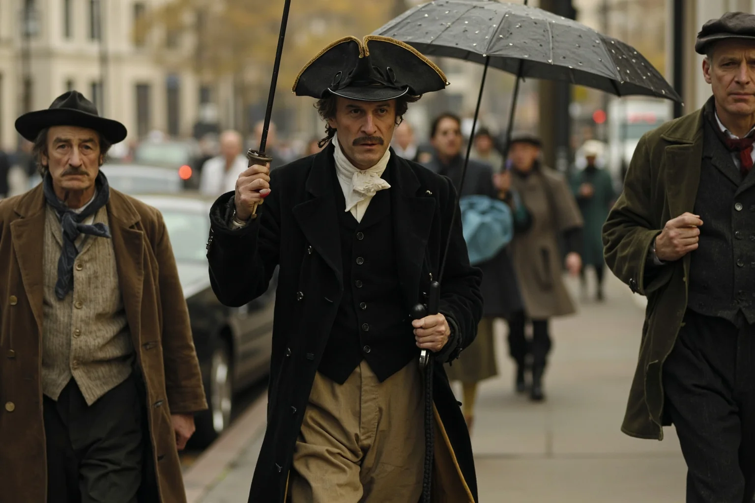 A well-dressed 18th century gentleman walking a London street carrying an open umbrella, other pedestrians staring