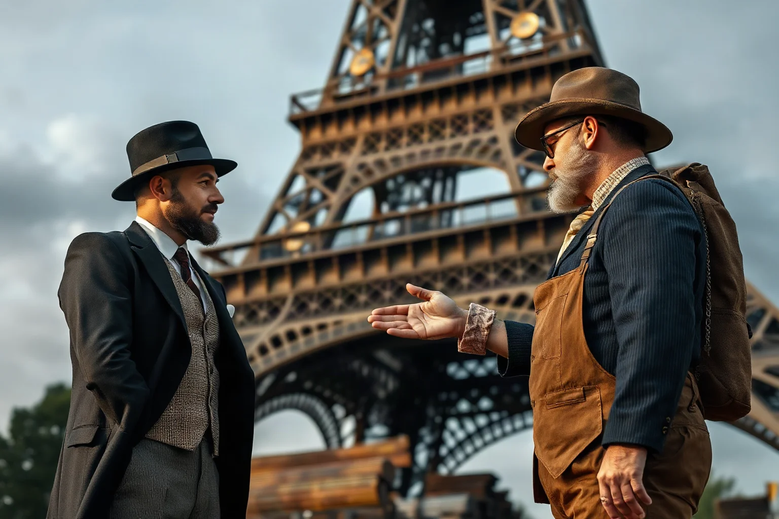 A well-dressed con man in 1920s attire shaking hands in front of the Eiffel Tower with a scrap metal dealer