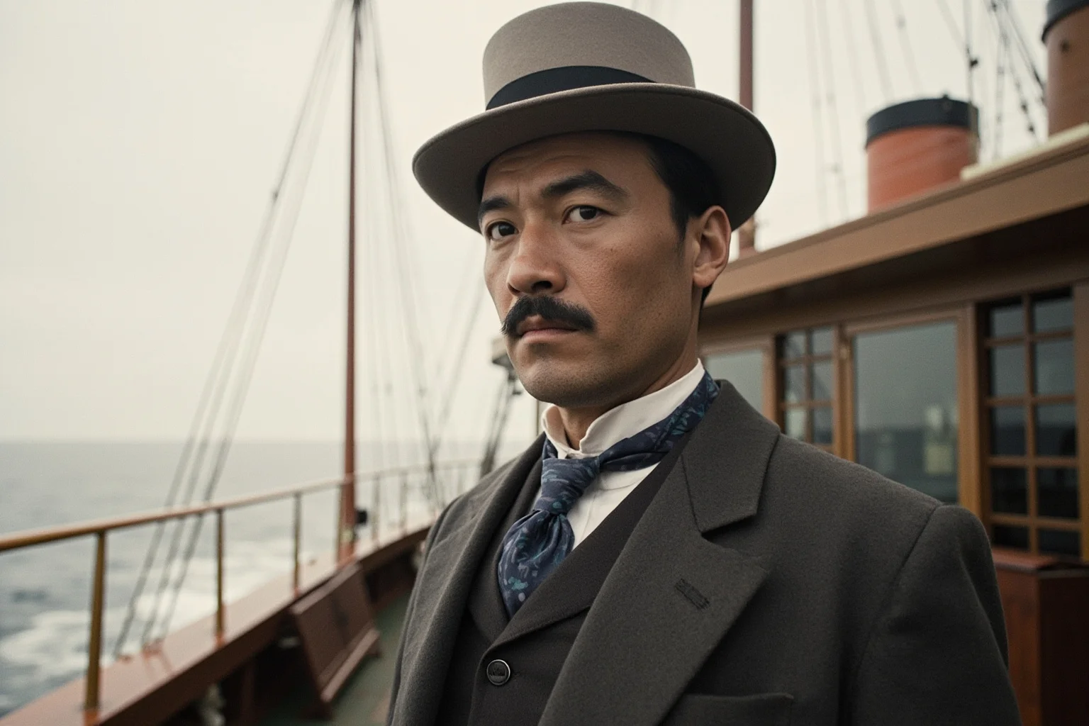 Historical Figures Who Boarded the Titanic — And 10 Who Didn't Survive 12 A well-dressed East Asian Edwardian-era gentleman standing quietly on the deck of an ocean liner