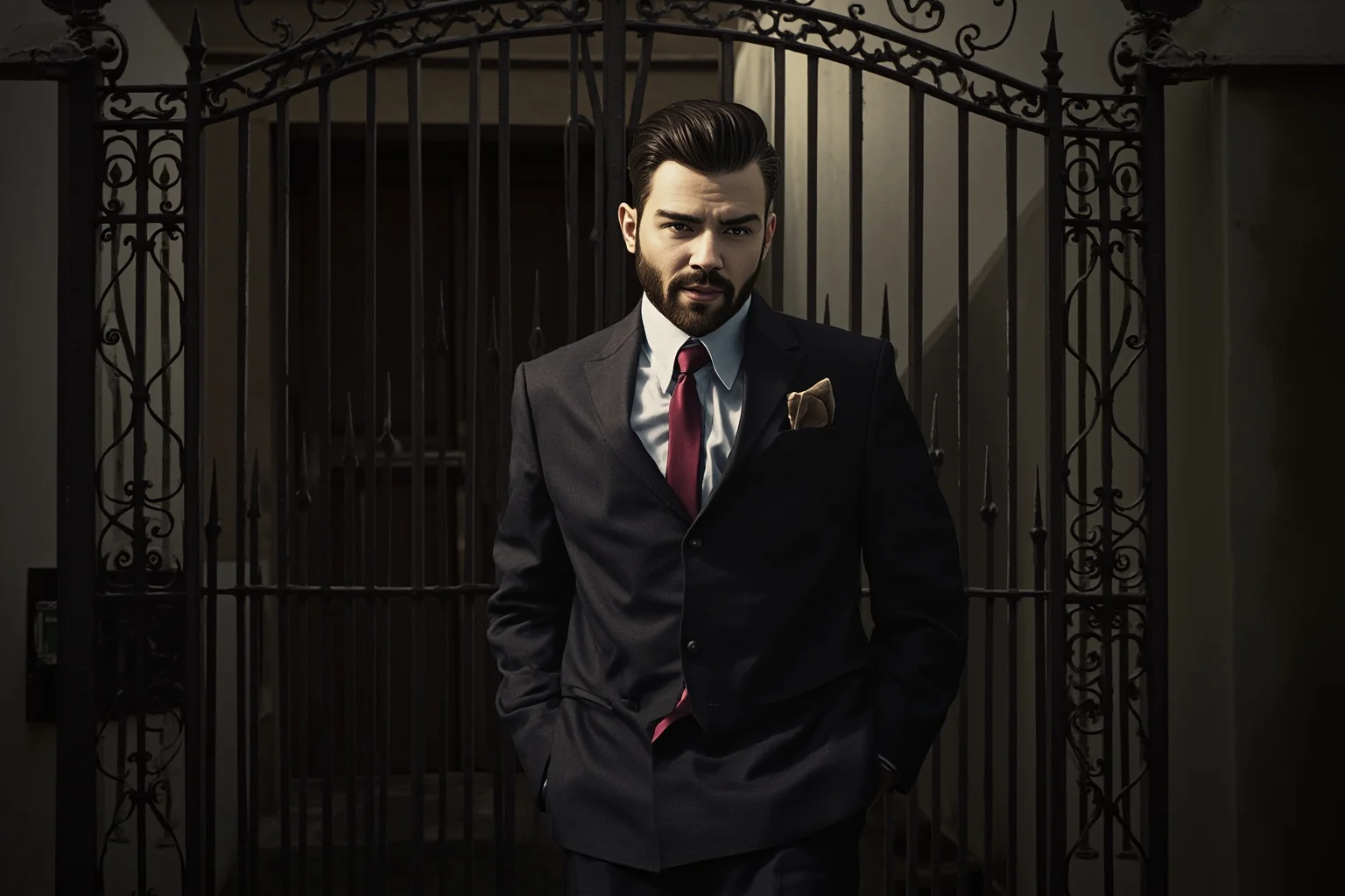 A well-dressed man in a tailored suit standing before an ornate mansion gate, illustrated in a moody vintage portrait style