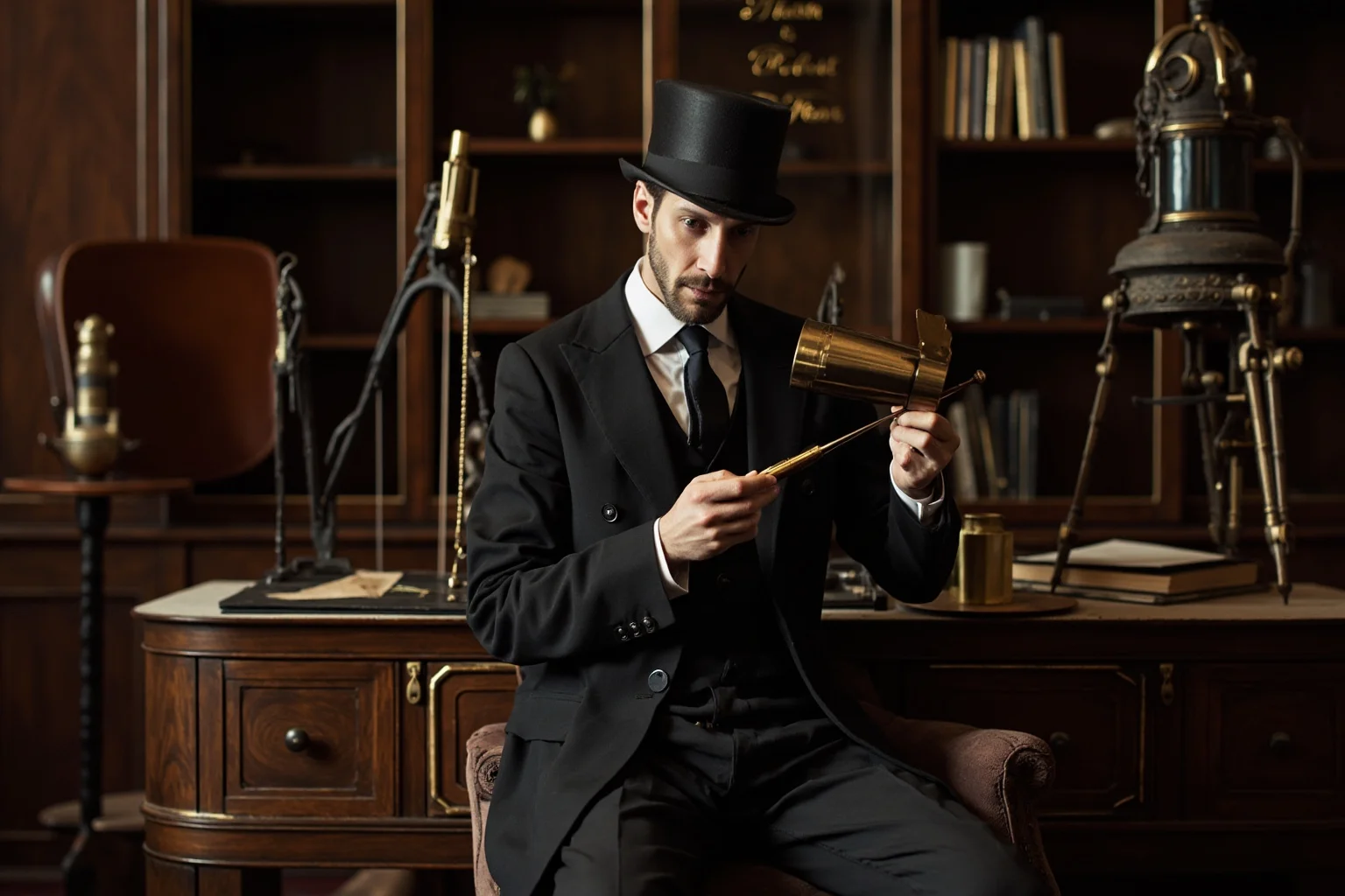 25 Greatest Historical Figures of the Victorian Era 3 A well-dressed Victorian gentleman in formal attire examining scientific instruments and industrial designs in an elegant study