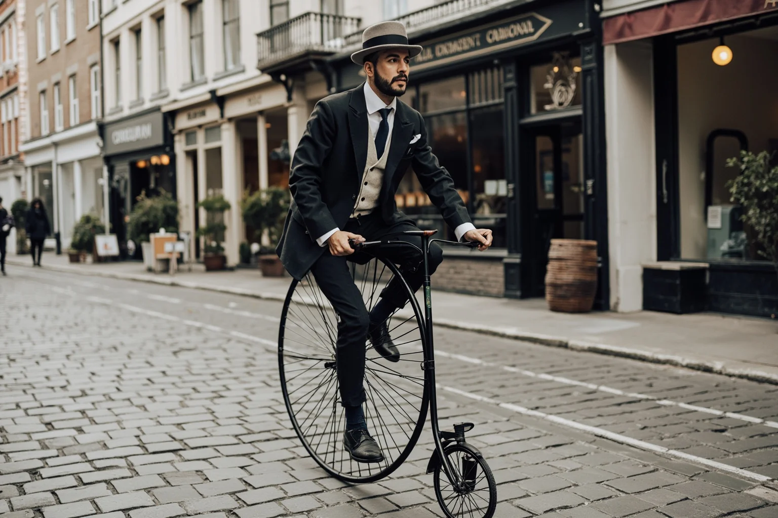 A well-dressed Victorian gentleman riding an old-fashioned penny farthing bicycle down a cobblestone street