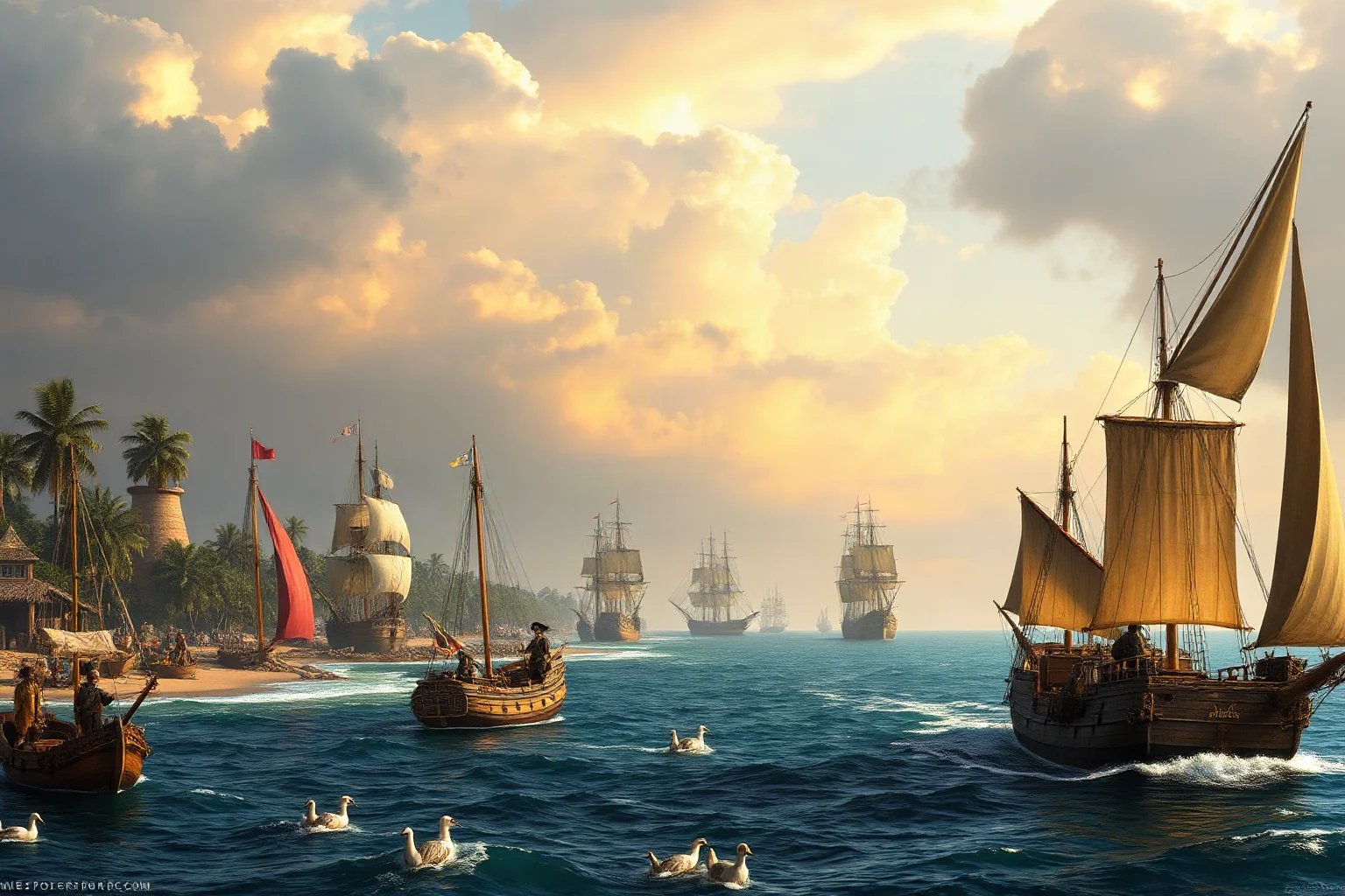 A West African coastal trading post with multiple merchant ships anchored offshore, some bearing slave ship design elements, with a pirate vessel approaching