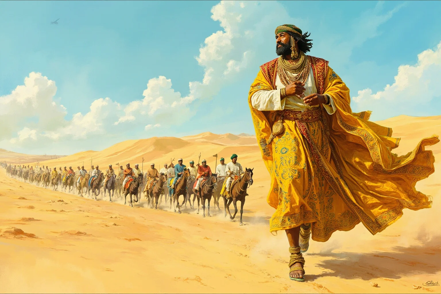 Most Interesting People in History: 22 Figures Who Shaped the World 6 A West African emperor in flowing gold-embroidered robes leading a grand caravan across the desert, historical illustration style