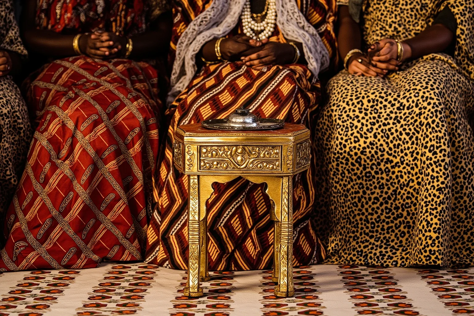 A West African royal court with a golden ceremonial stool and traditional cloth patterns representing the Ashanti Kingdom