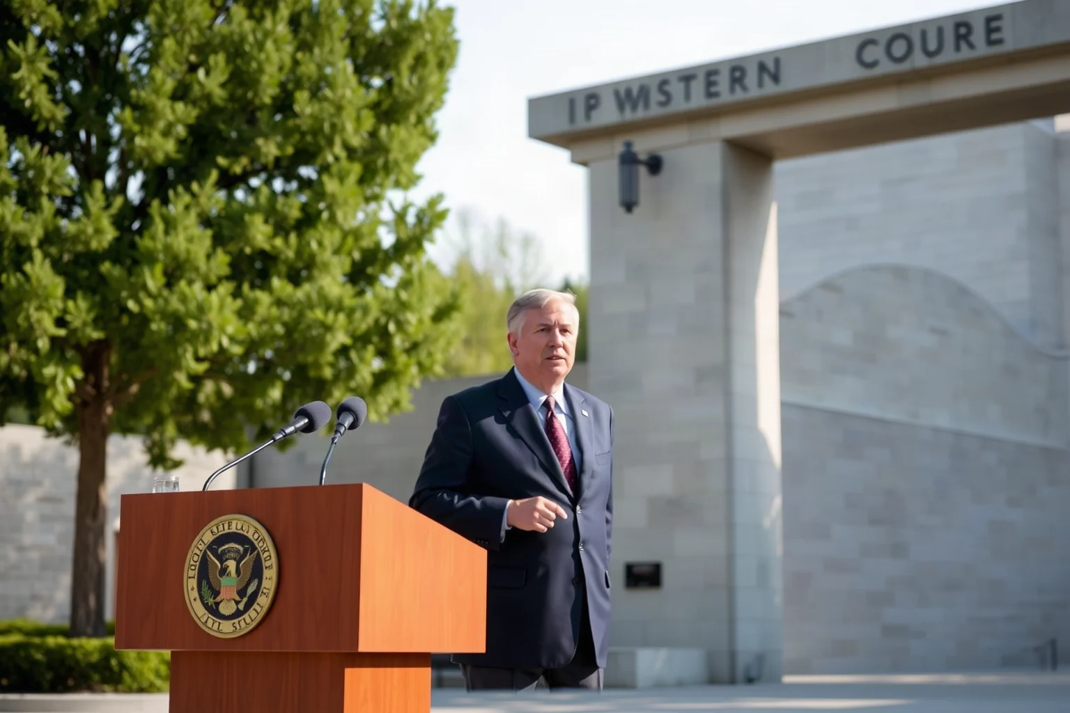 A Western leader speaking at an outdoor podium before a large stone gate and a long concrete wall