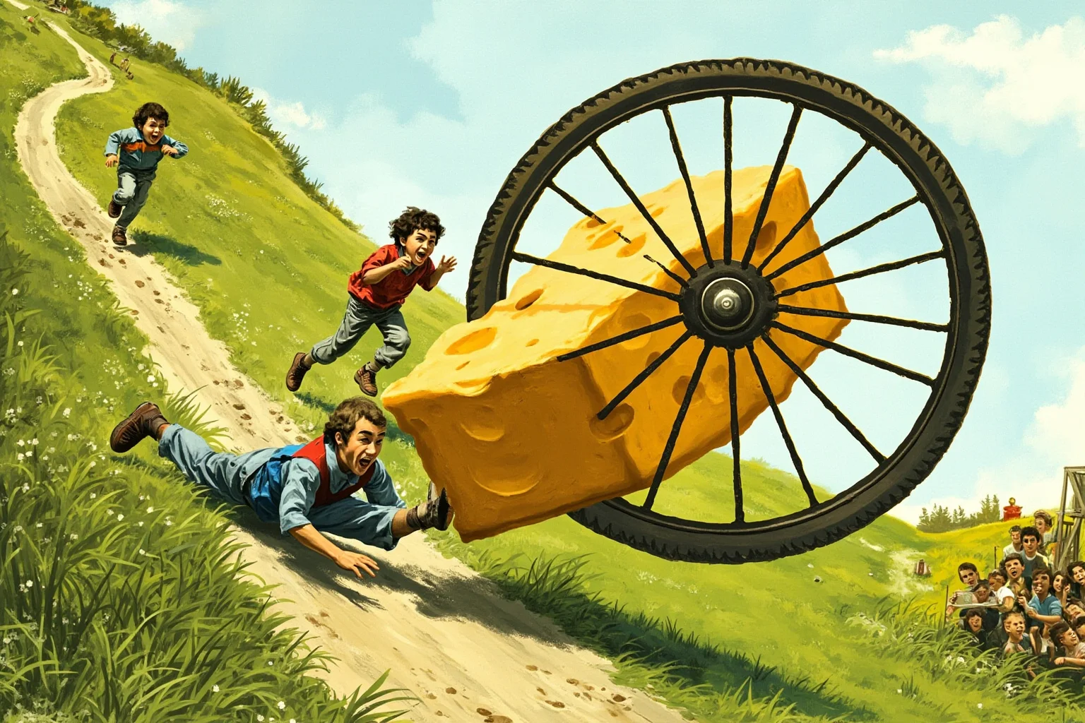 A wheel of cheese rolling down a steep green English hillside with competitors tumbling after it, comedic illustration