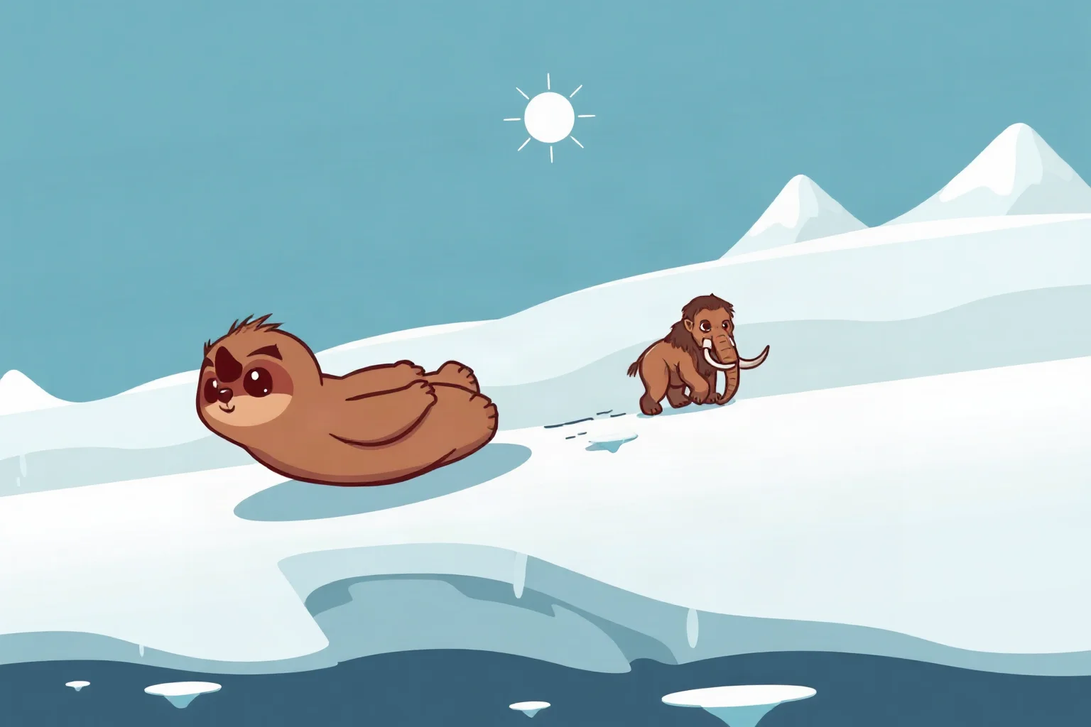 A whimsical cartoon-style sloth and mammoth character sliding across an icy landscape, clearly stylized and not photorealistic