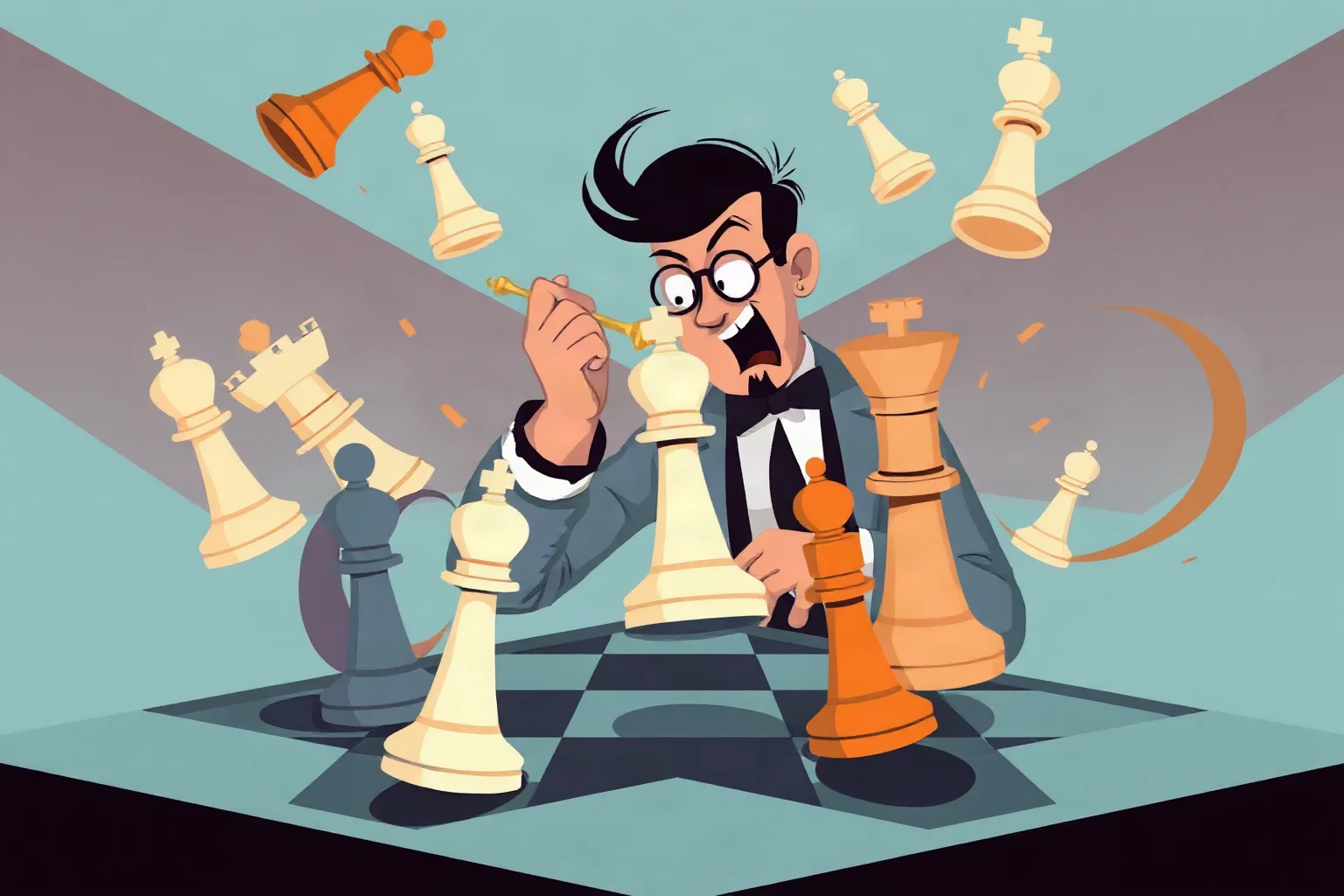 A whimsical illustration of a chess player mid-sacrifice, pieces flying dramatically, evoking bold 1960s attacking chess