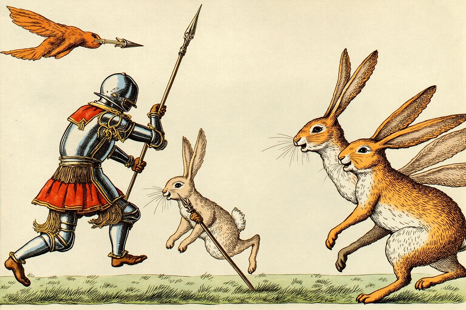 22 Creepiest Pieces of Medieval Art (And the Strange History Behind Them) 8 A whimsical medieval manuscript margin illustration of armored knights being chased and attacked by oversized rabbits with spears