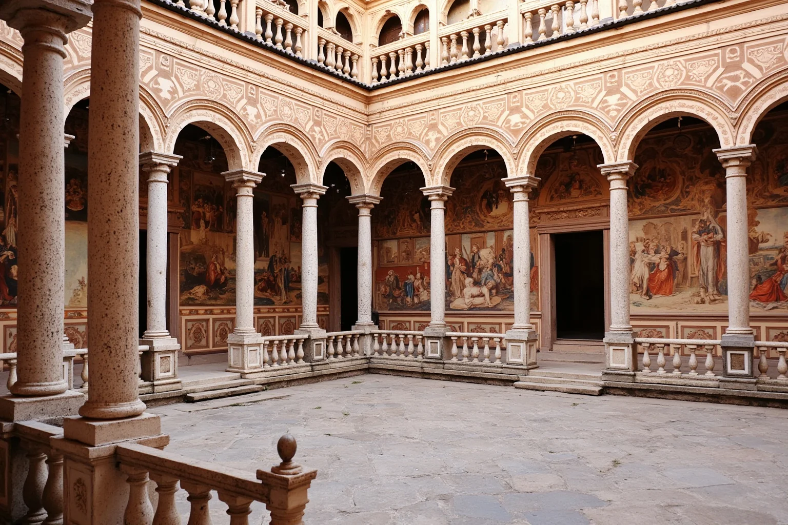 A whimsical Renaissance palace courtyard with playful classical columns and ornate frescoed rooms