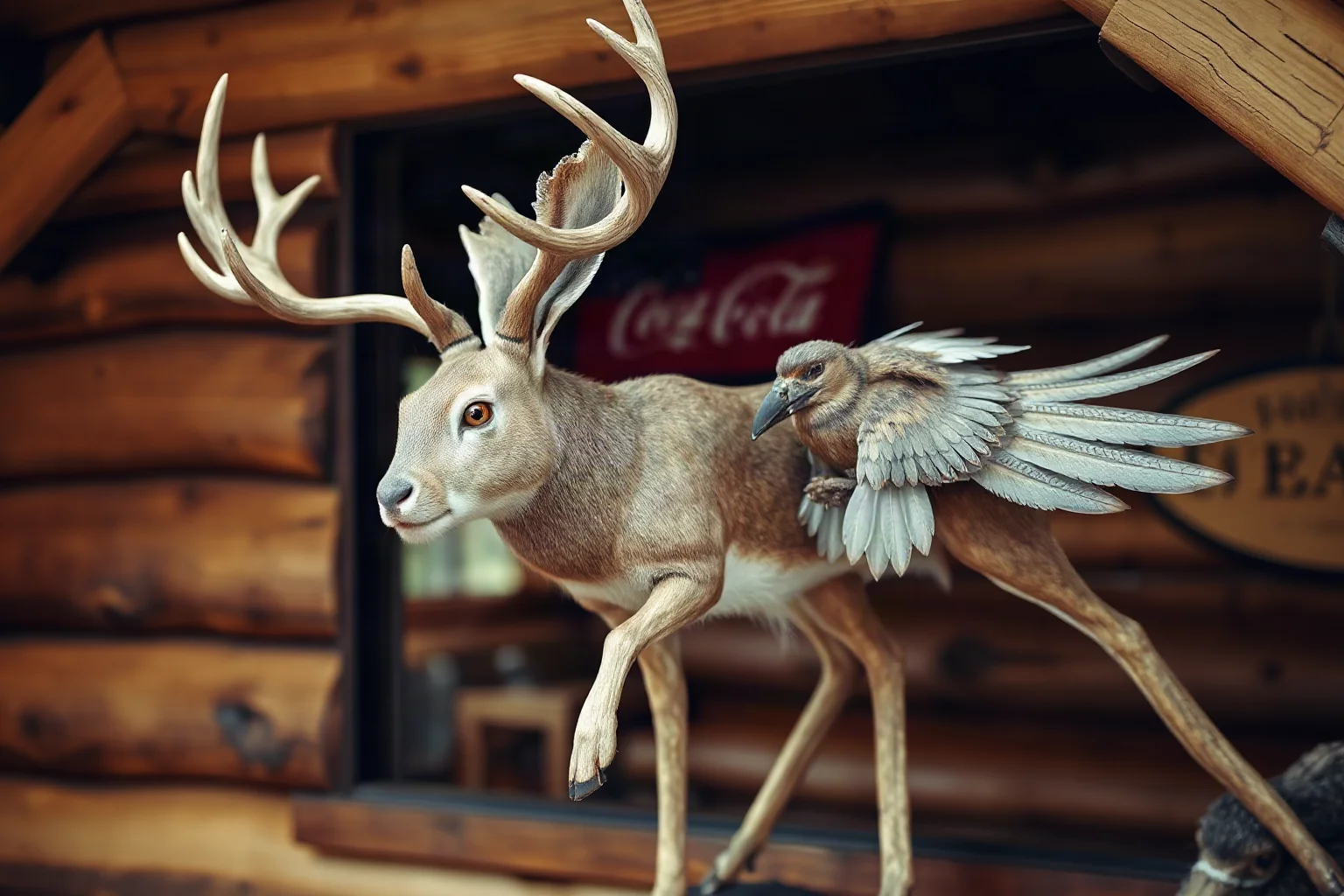 A whimsical taxidermy-style creature combining a rabbit body, deer antlers, and bird wings displayed in an alpine cabin