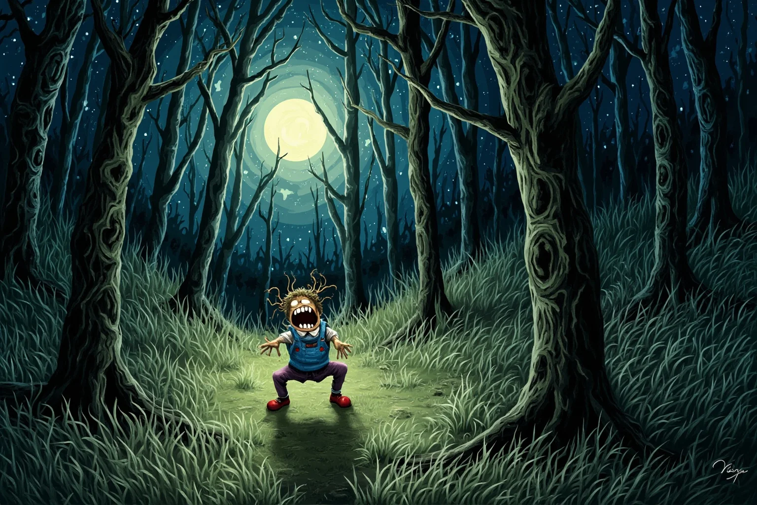 Grim Childhoods Indeed: The 20 Darkest Brothers Grimm Fairy Tales 9 A whimsical yet eerie illustration of a strange little man in a rage inside a moonlit forest clearing