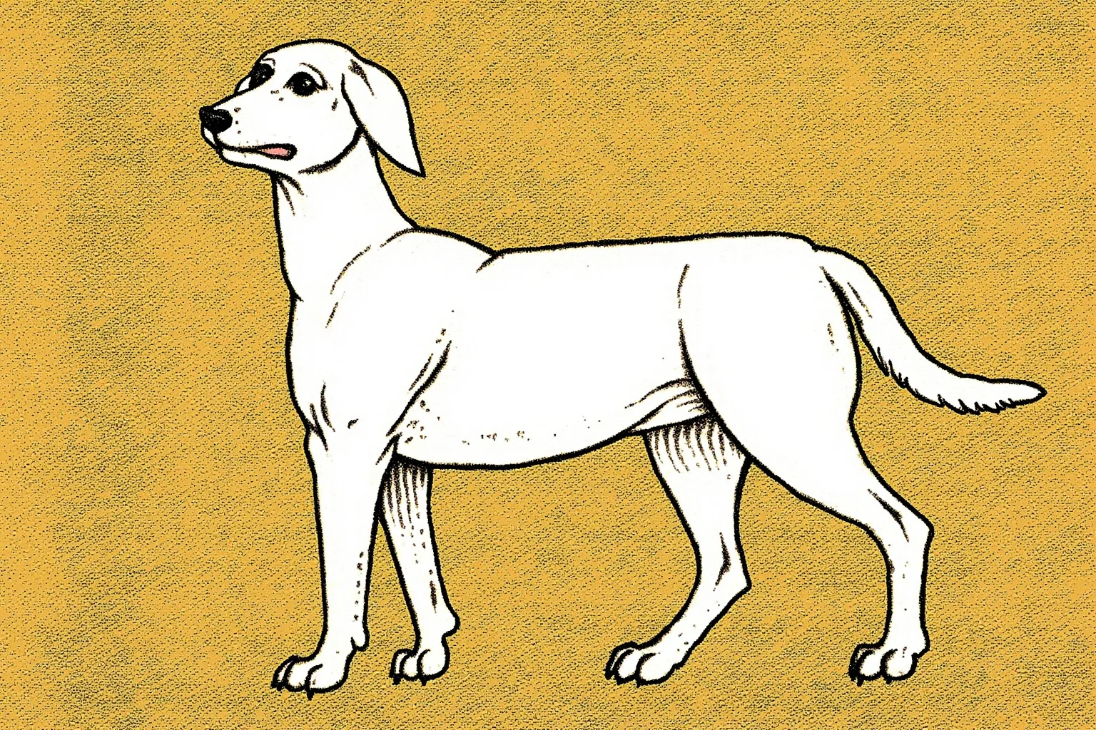 Pooches of the Past: 23 Extinct Dog Breeds and Their Stories 8 A white heavy-set medieval hound with long ears, depicted in a tapestry-like heraldic illustration