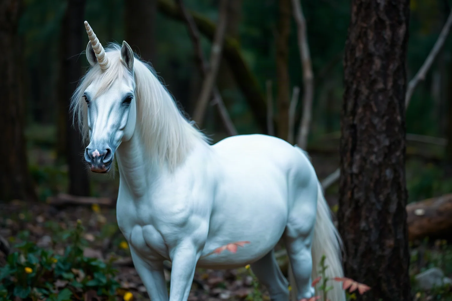 A white unicorn with a spiral horn standing in an enchanted medieval forest clearing