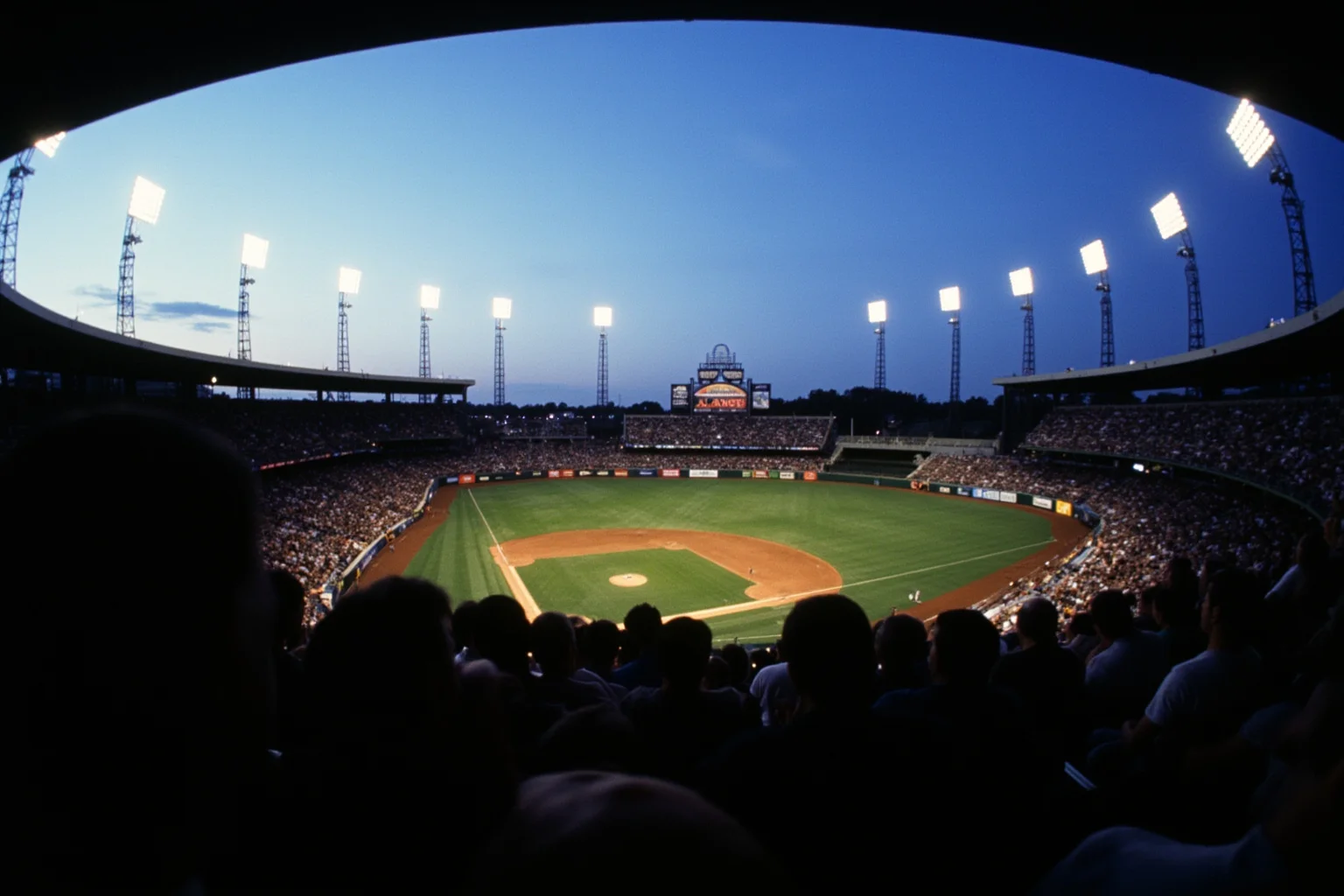 Incredible Facts About the Beatles' Greatest Band History 11 A wide-angle shot of a packed 1960s baseball stadium at dusk with stage lights in the distance