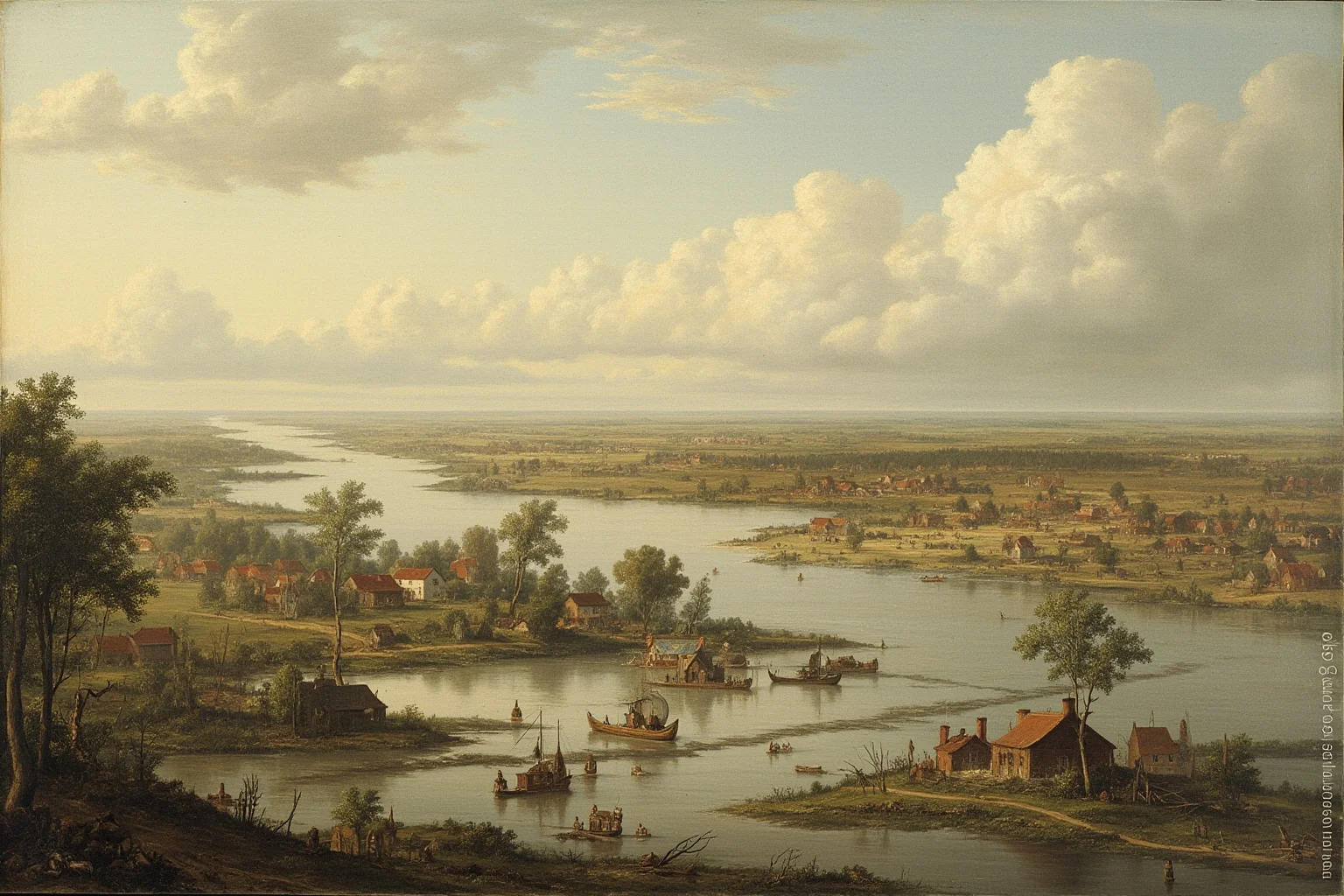 A wide historical scene of a flooded river overtaking rural villages along a great river plain