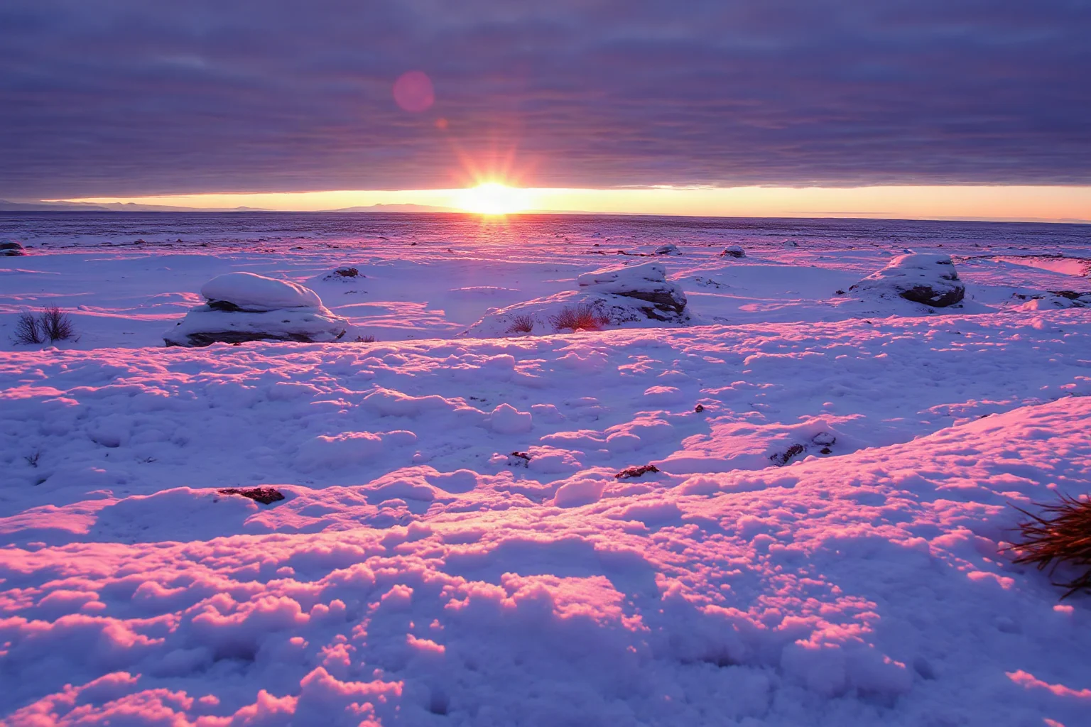 A wide icy tundra landscape with the sun low on the horizon, representing the dawn of the last ice age
