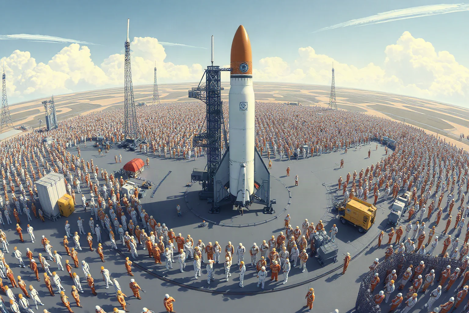 A wide illustration of hundreds of tiny engineers and workers around a giant rocket on a launch pad
