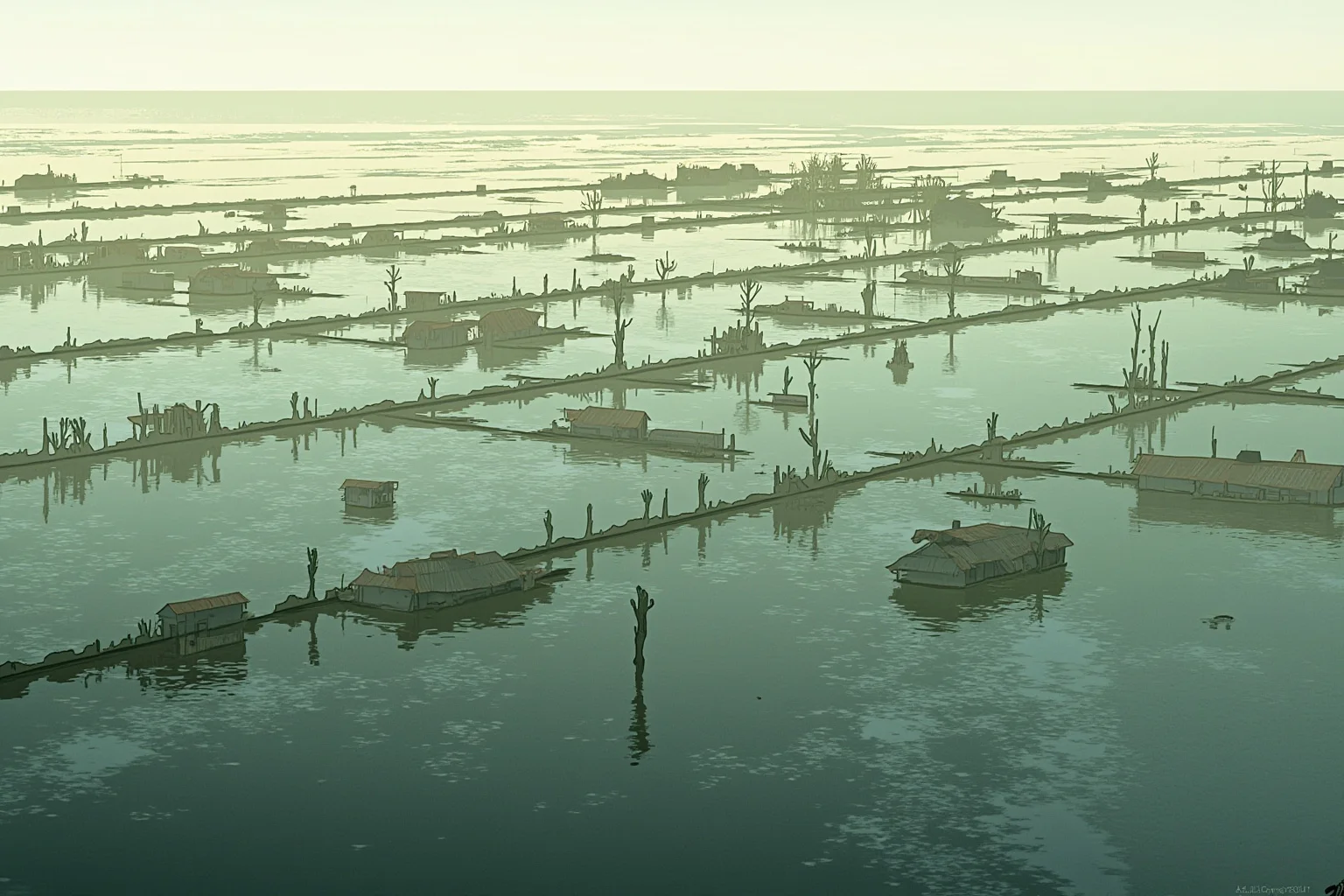 A wide illustration of scattered, damaged village huts across a flooded delta landscape