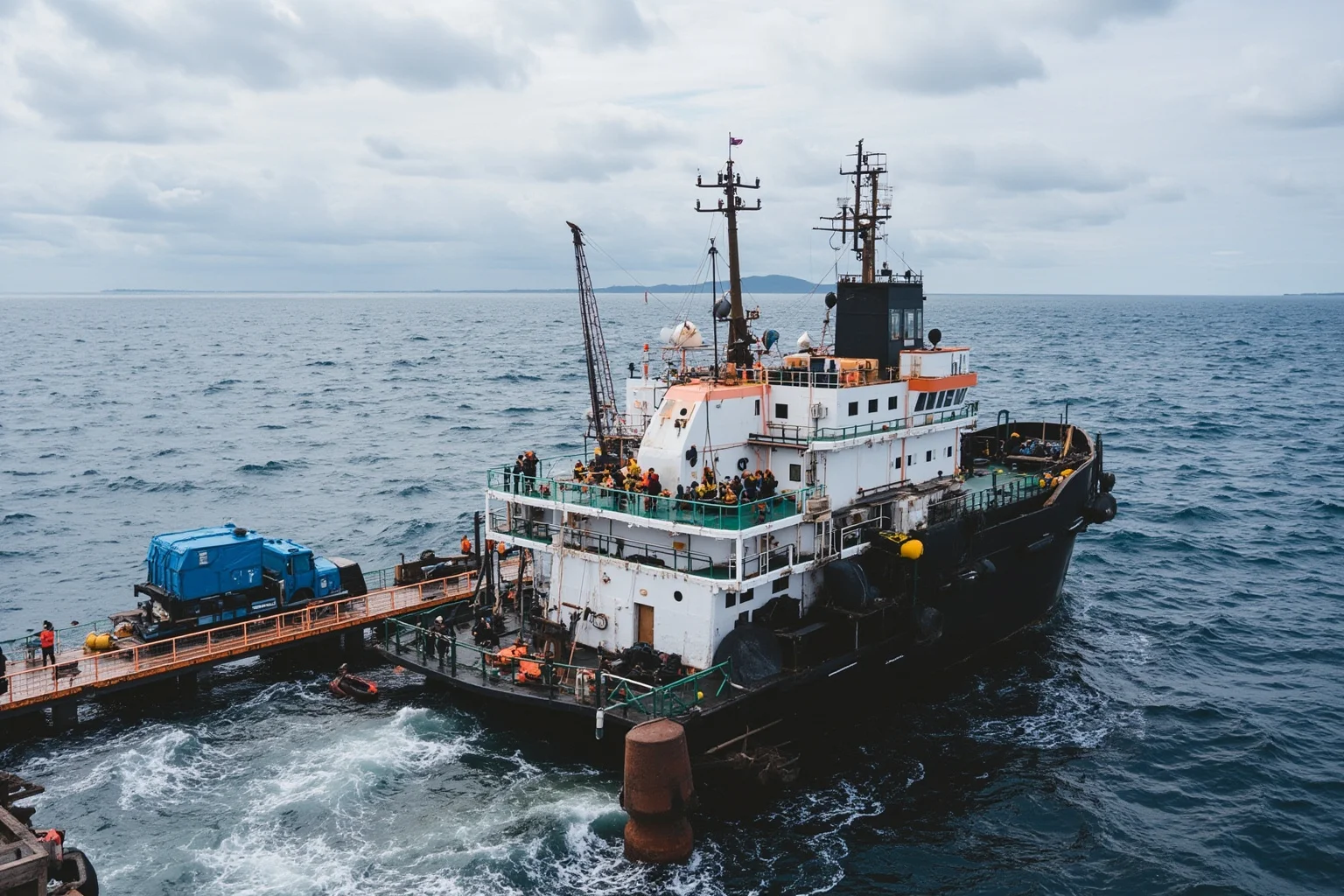 Harrison Okene: The Man Found Alive At The Bottom Of The Ocean 3 A wide shot of a professional marine salvage and diving support vessel on choppy ocean waters, with divers preparing equipment on deck