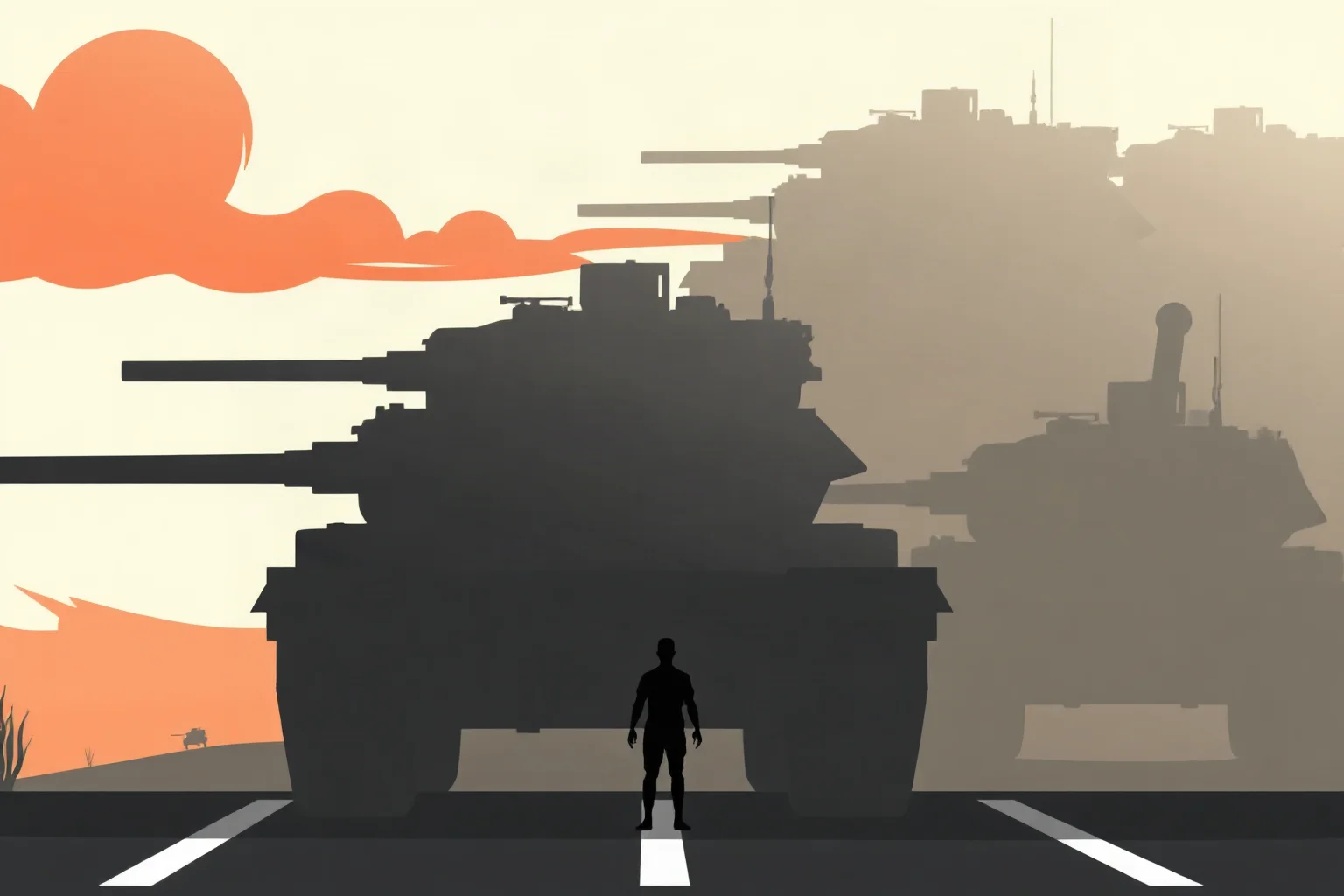 A wide symbolic illustration of a single small human figure standing before a row of large tank silhouettes on an empty road, minimalist protest art style