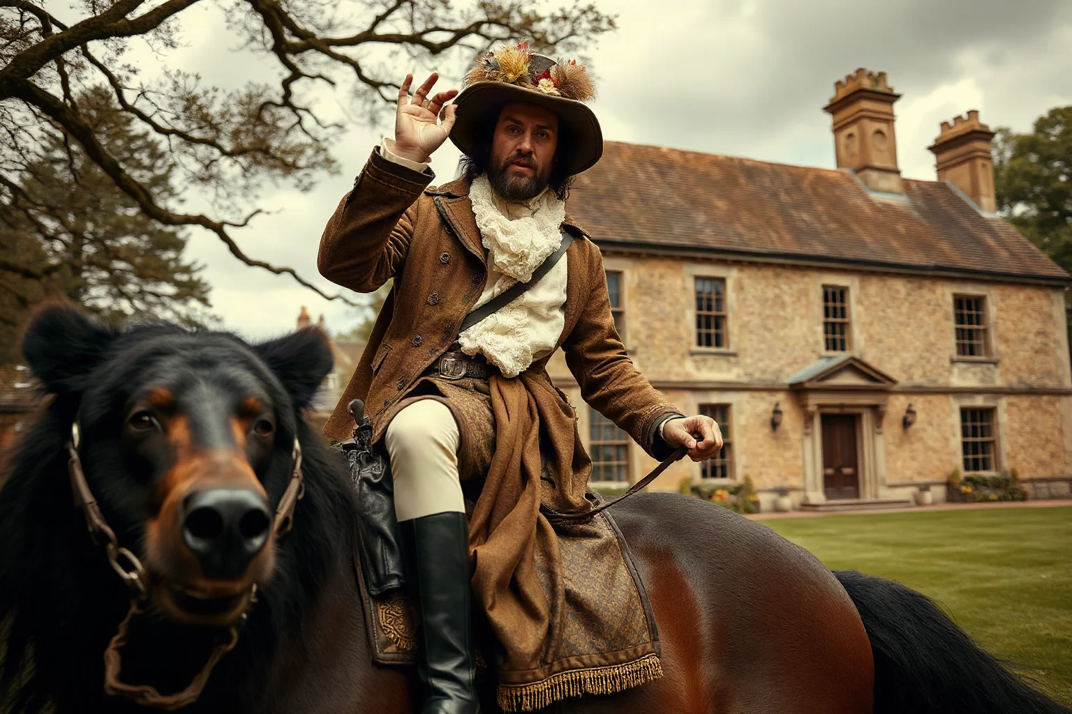 A wild 19th-century English country gentleman in riding clothes, comically dramatic, near a country manor with a bear nearby