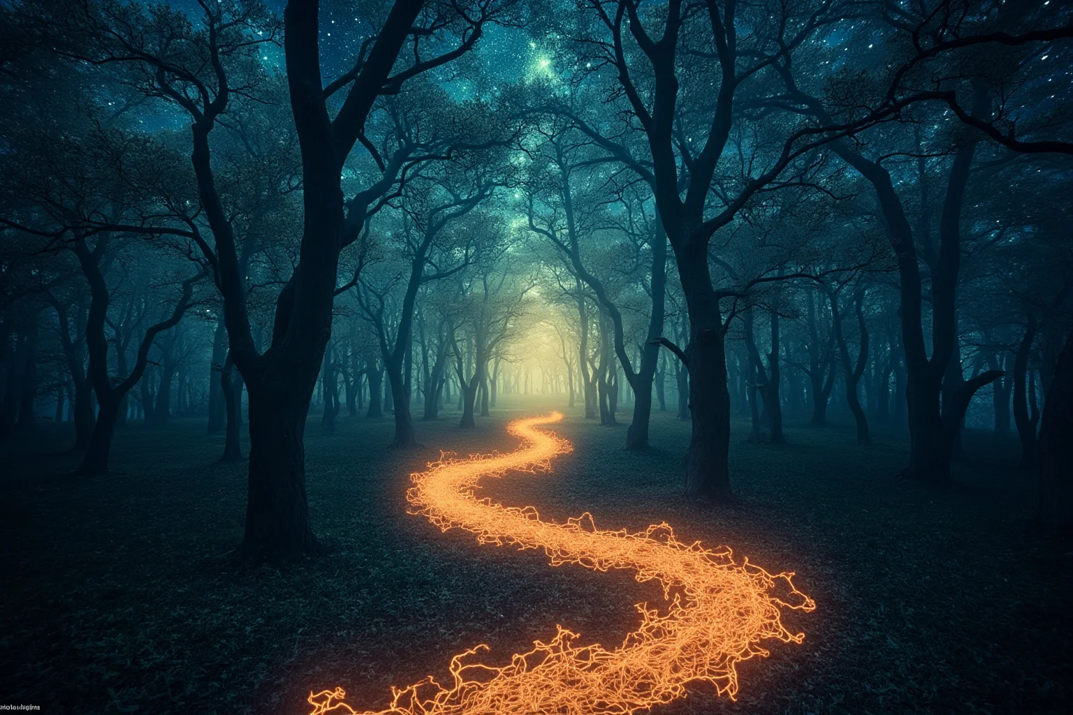 Words of Wisdom: 20 of Albert Einstein's Greatest Quotes 11 A winding forest path splitting into countless glowing trails under a starry sky, symbolizing imagination